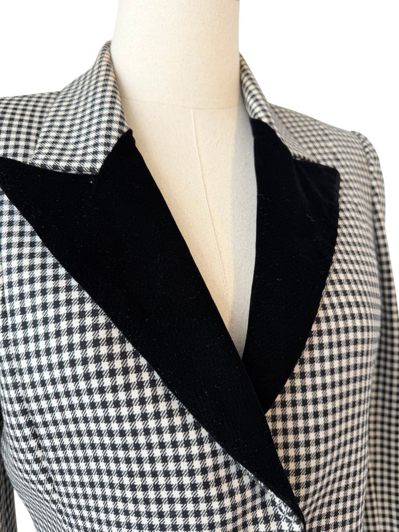 1980s Mort Schrader Black & White Plaid Cropped Blazer with Velvet Collar