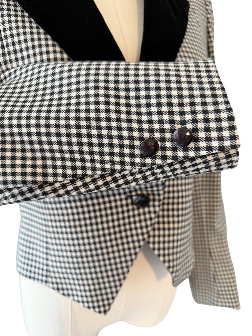 1980s Mort Schrader Black & White Plaid Cropped Blazer with Velvet Collar
