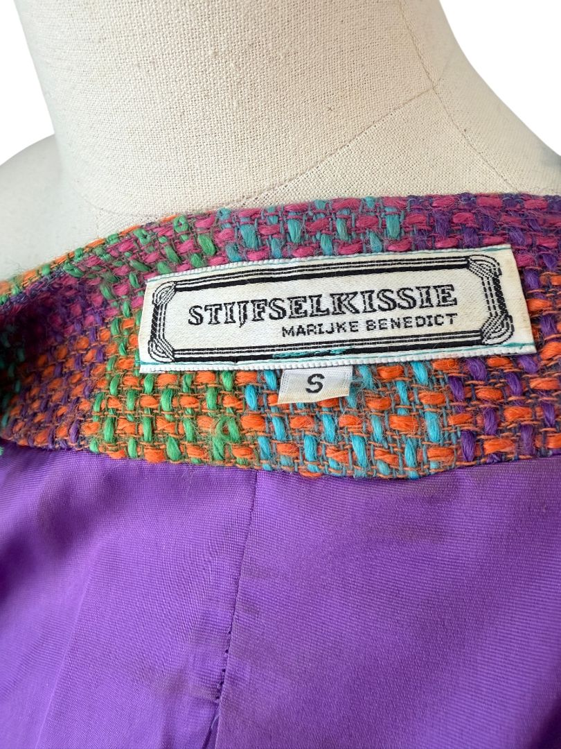 1980s Stijfselkissie by Marijke Benedict Colorful Tweed Cropped Blazer with Fringe