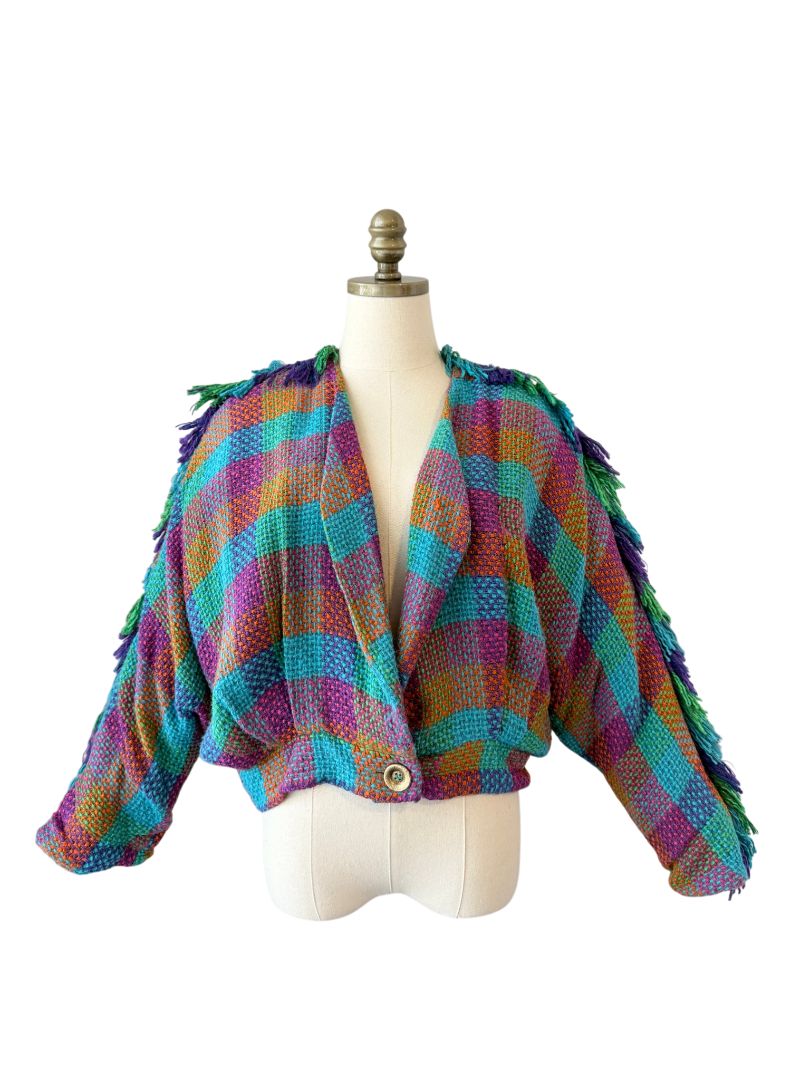 1980s Stijfselkissie by Marijke Benedict Colorful Tweed Cropped Blazer with Fringe
