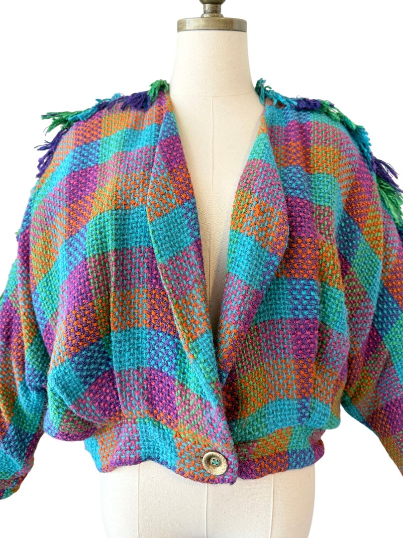 1980s Stijfselkissie by Marijke Benedict Colorful Tweed Cropped Blazer with Fringe