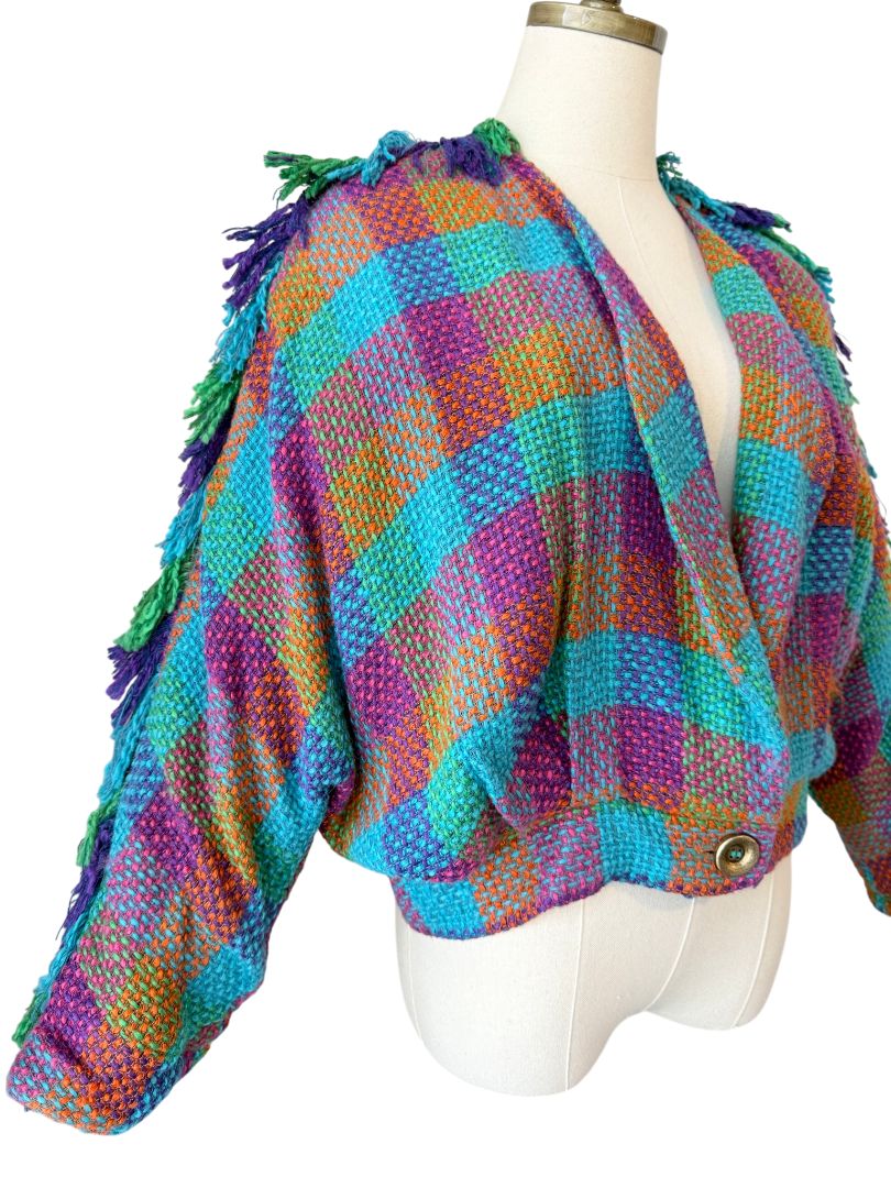 1980s Stijfselkissie by Marijke Benedict Colorful Tweed Cropped Blazer with Fringe