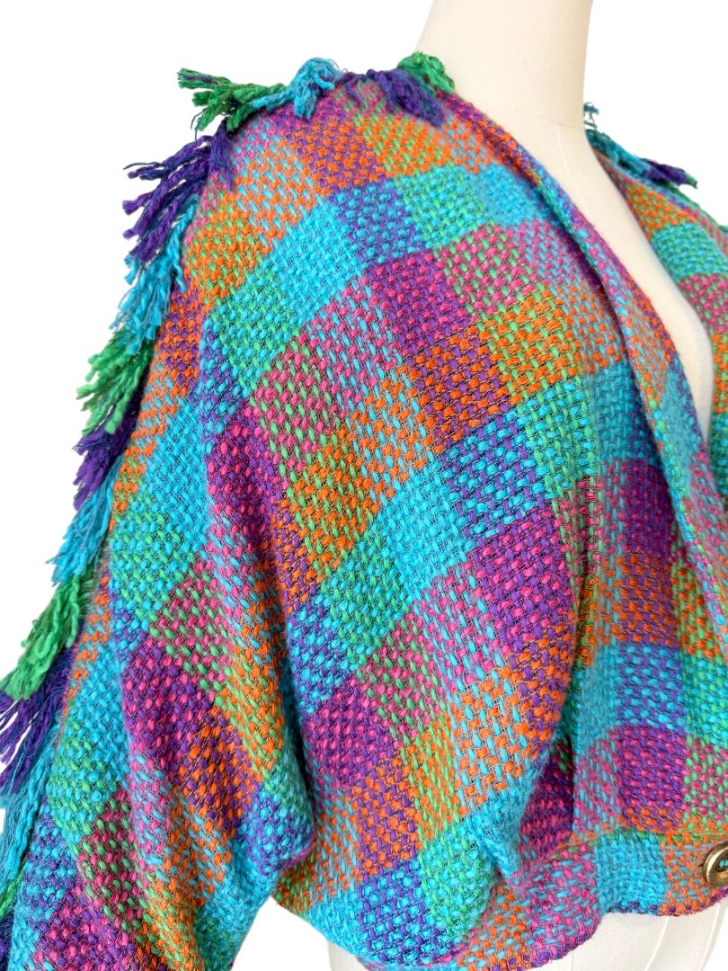 1980s Stijfselkissie by Marijke Benedict Colorful Tweed Cropped Blazer with Fringe