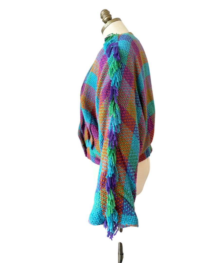 1980s Stijfselkissie by Marijke Benedict Colorful Tweed Cropped Blazer with Fringe