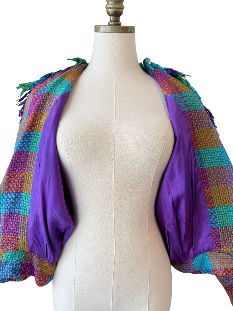 1980s Stijfselkissie by Marijke Benedict Colorful Tweed Cropped Blazer with Fringe