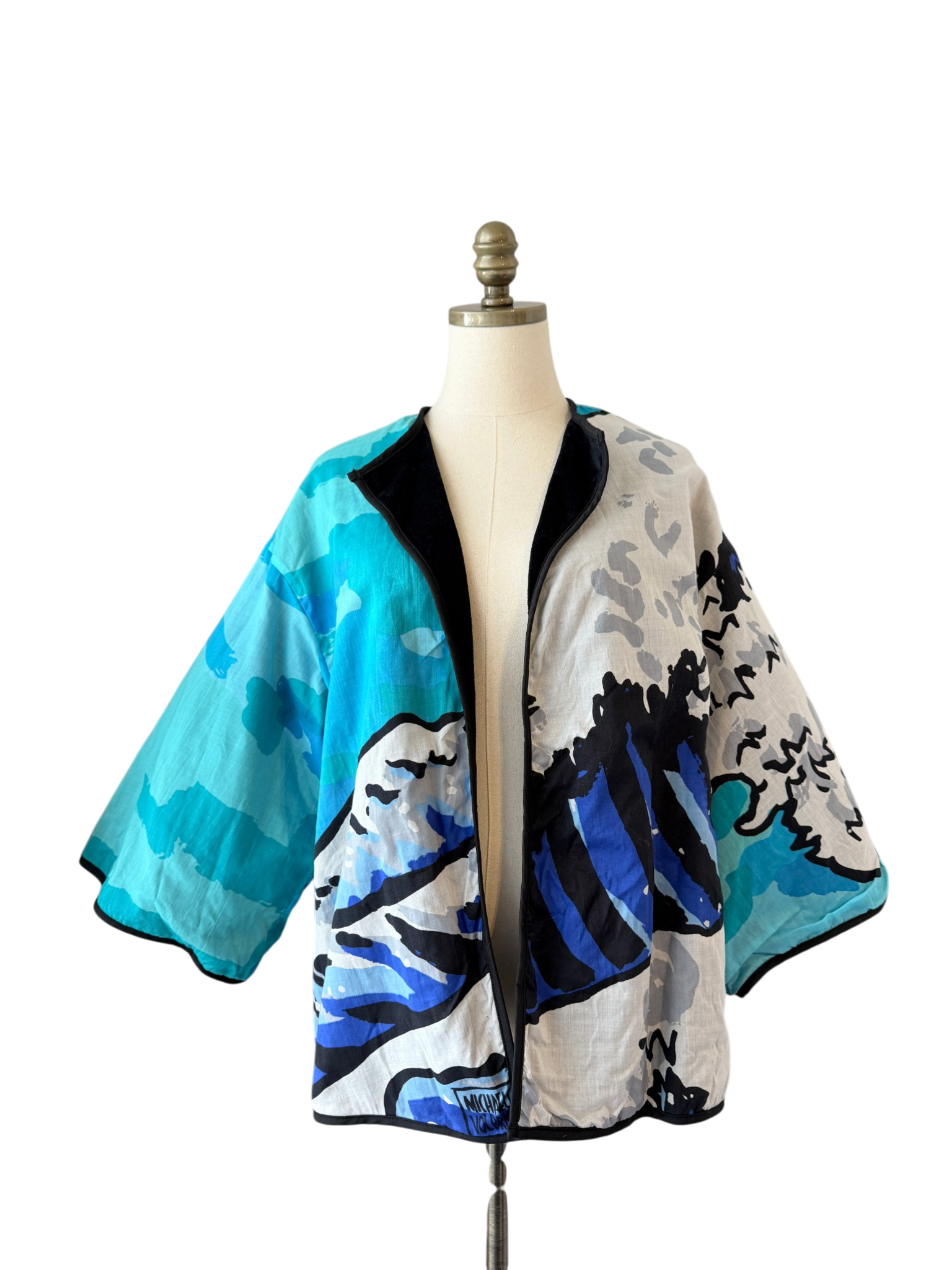1970s Michaele Vollbracht cotton/terrycloth wearble art  "wave" print open jacket