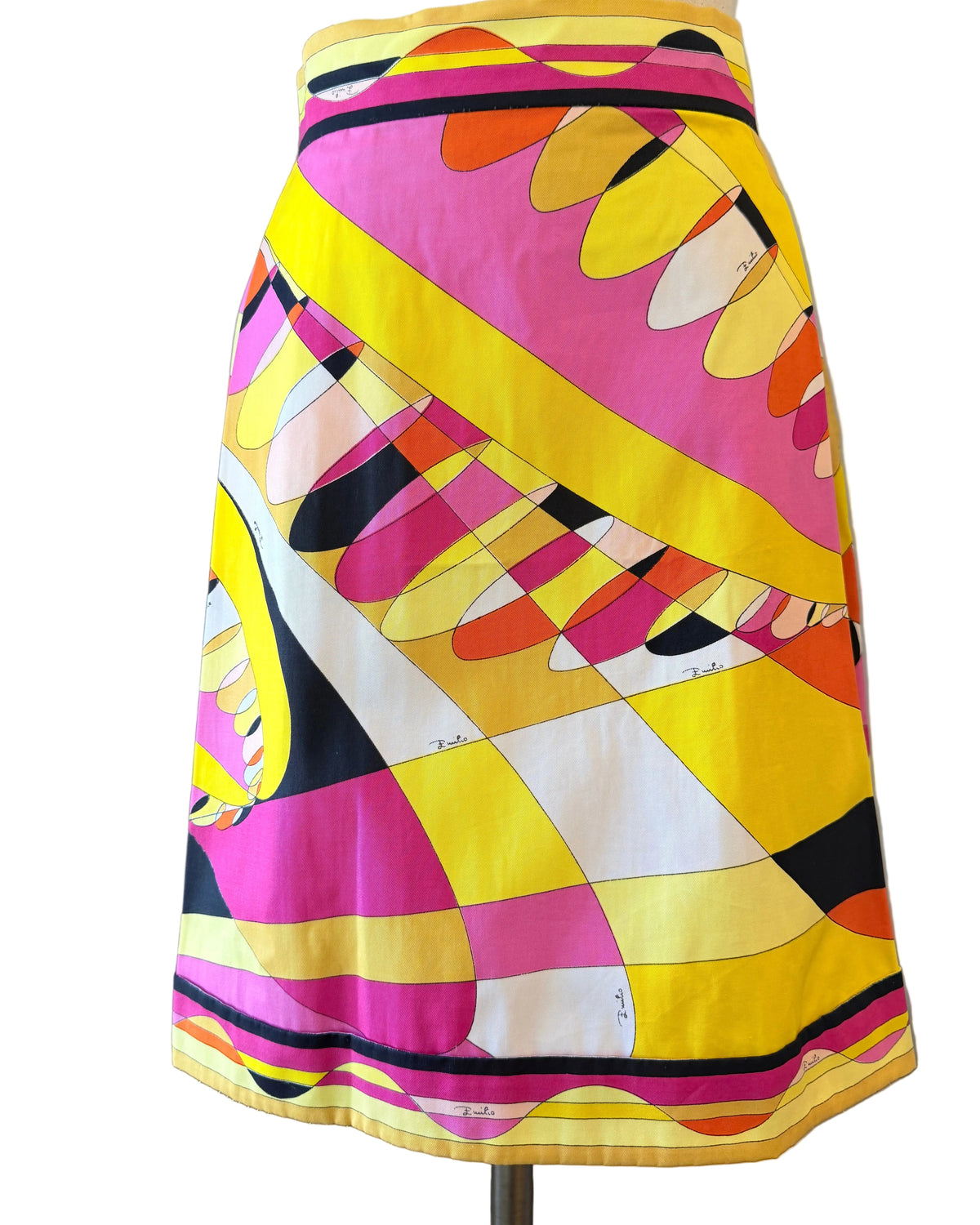 1960s Emilio Pucci Mini Skirt in Black, Yellow, Pink & Orange Mod Print