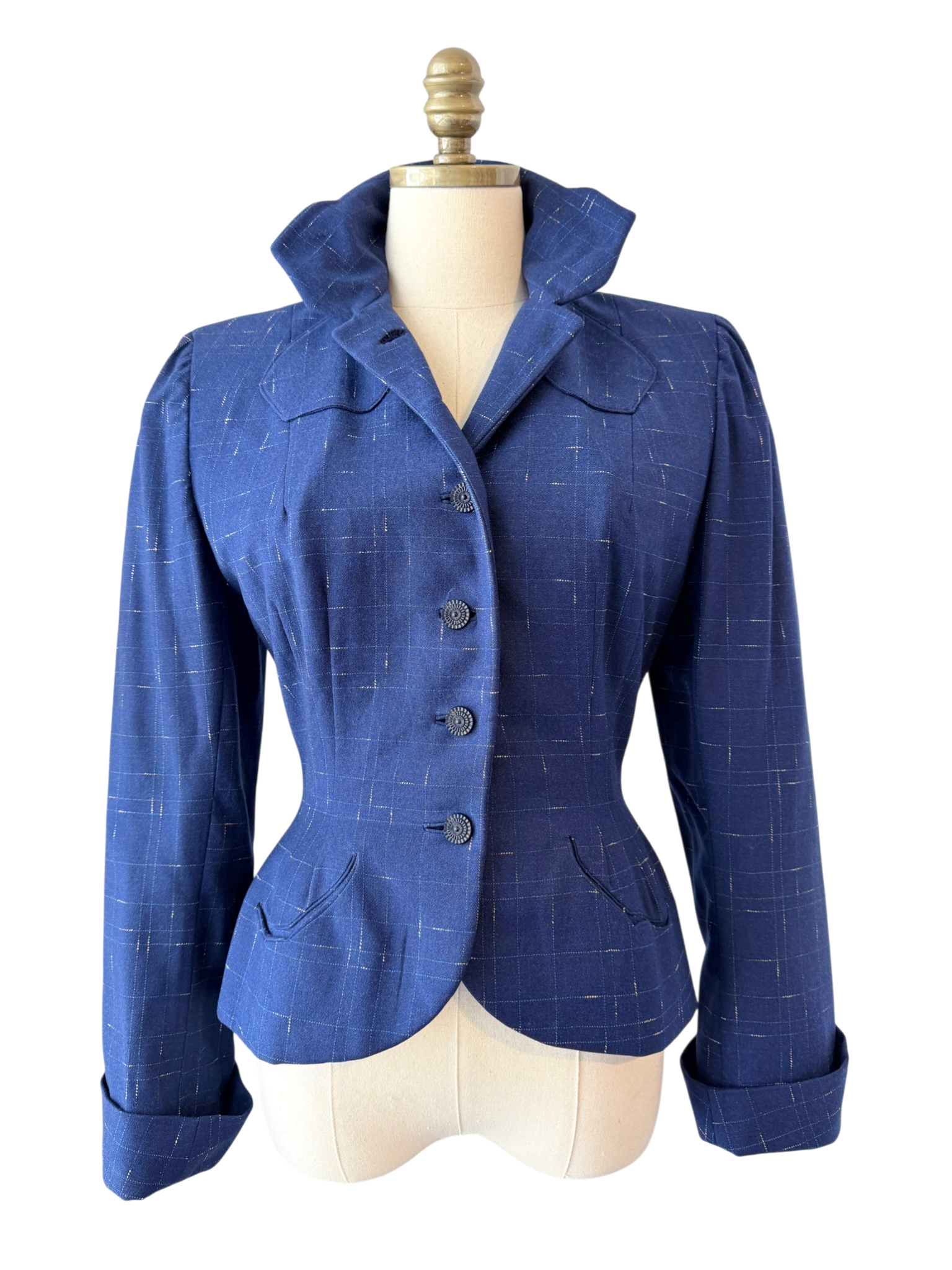 1940s Navy Wool Fitted Blazer with Decorative Collar and Hashmark Print