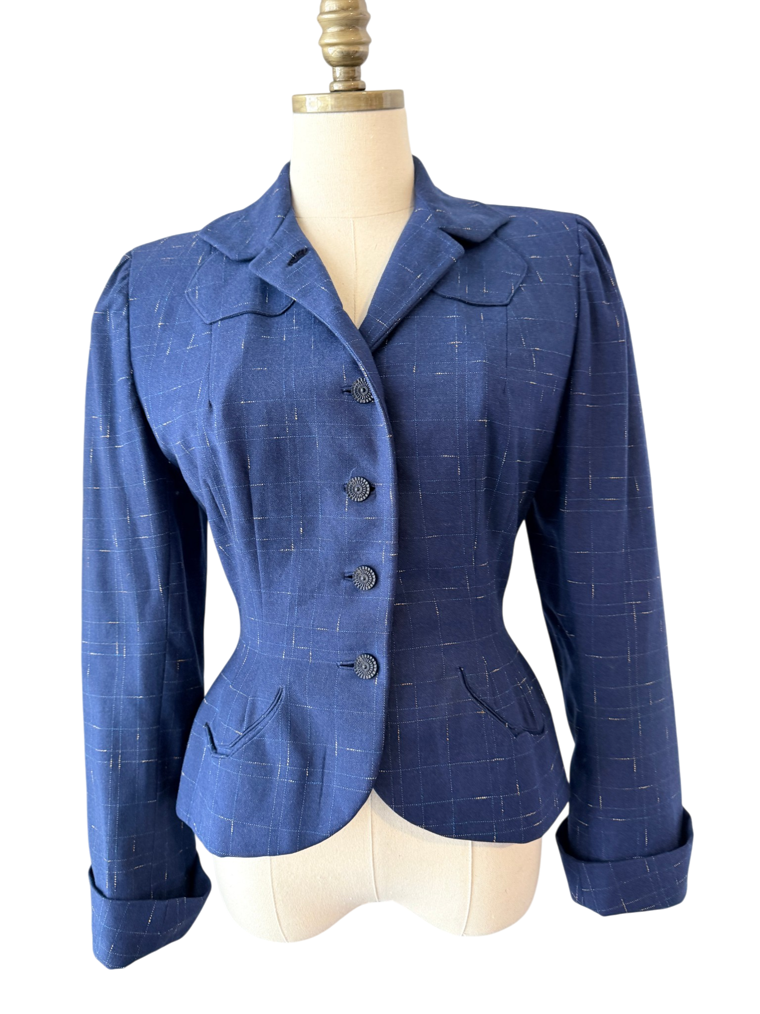1940s Navy Wool Fitted Blazer with Decorative Collar and Hashmark Print