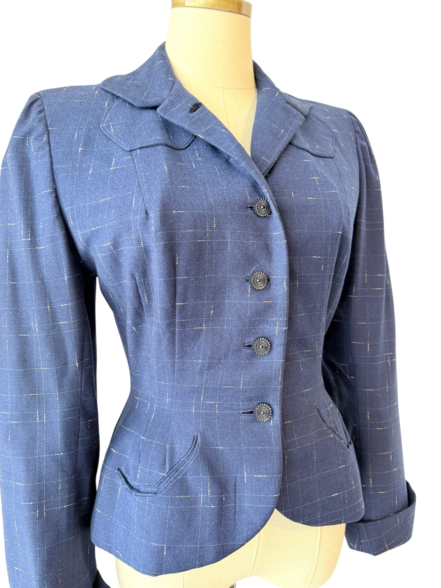 1940s Navy Wool Fitted Blazer with Decorative Collar and Hashmark Print
