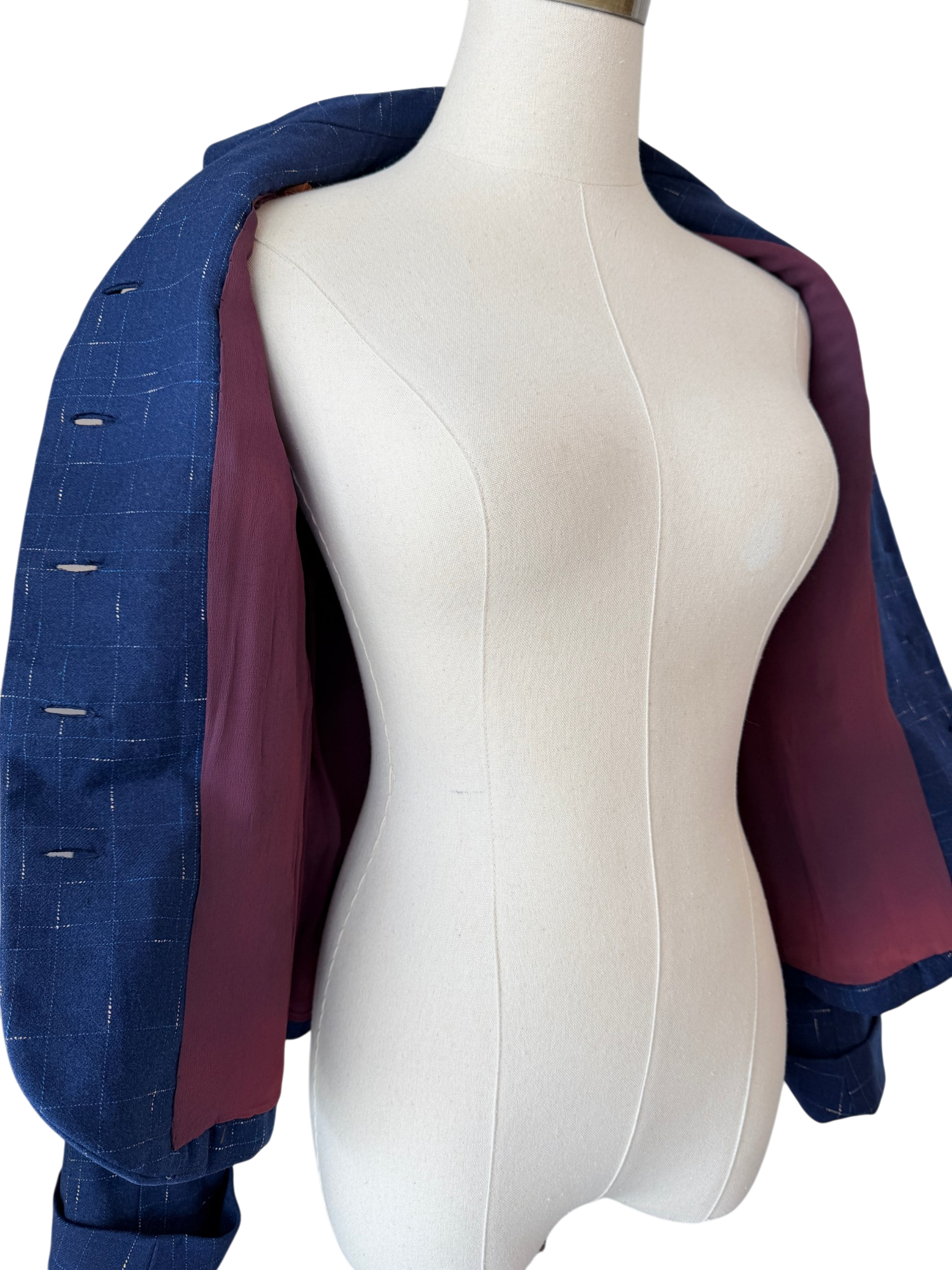 1940s Navy Wool Fitted Blazer with Decorative Collar and Hashmark Print