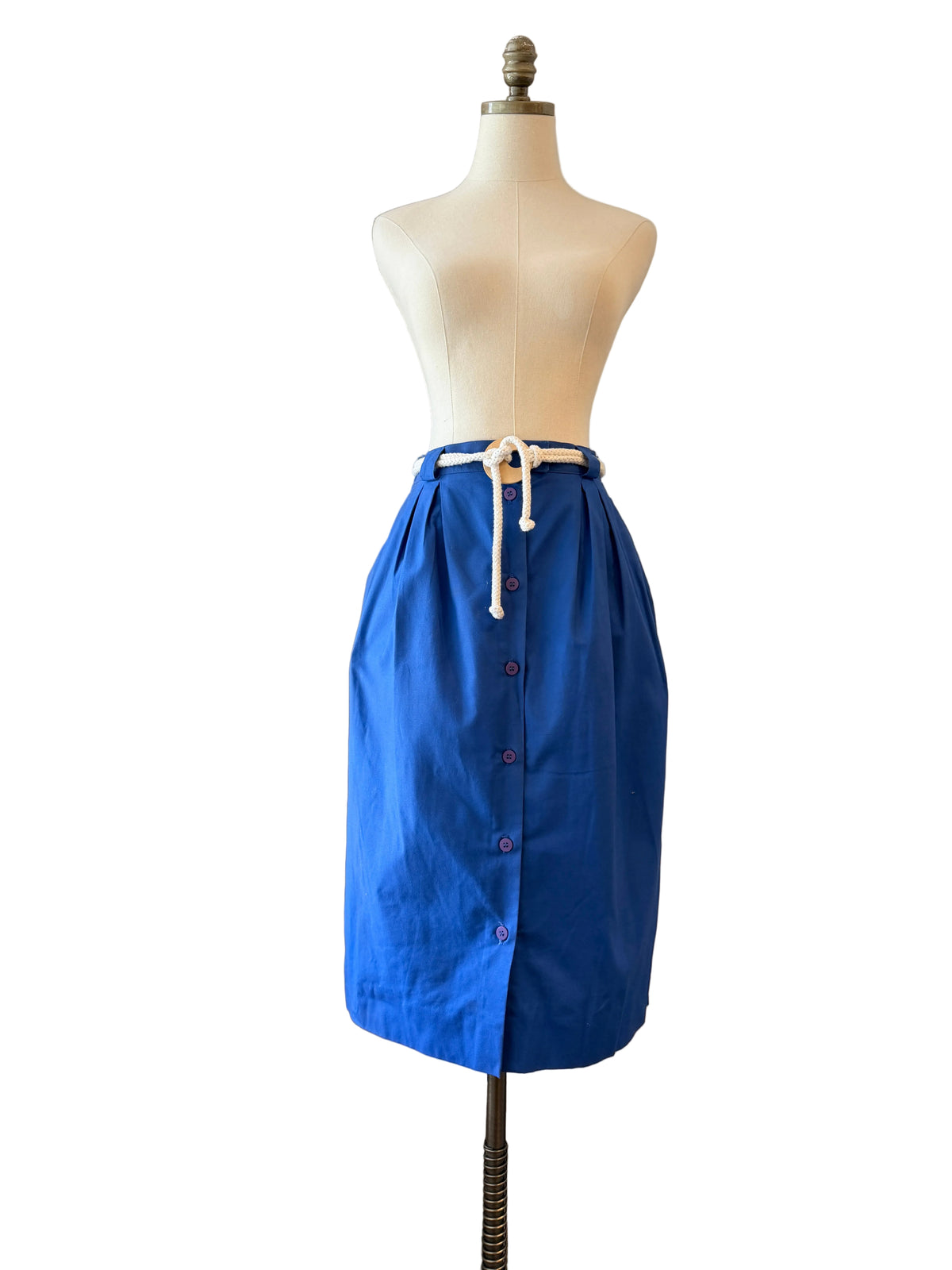 1980s Christian Dior Blue Button-Front Sheath Skirt with Rope Belt