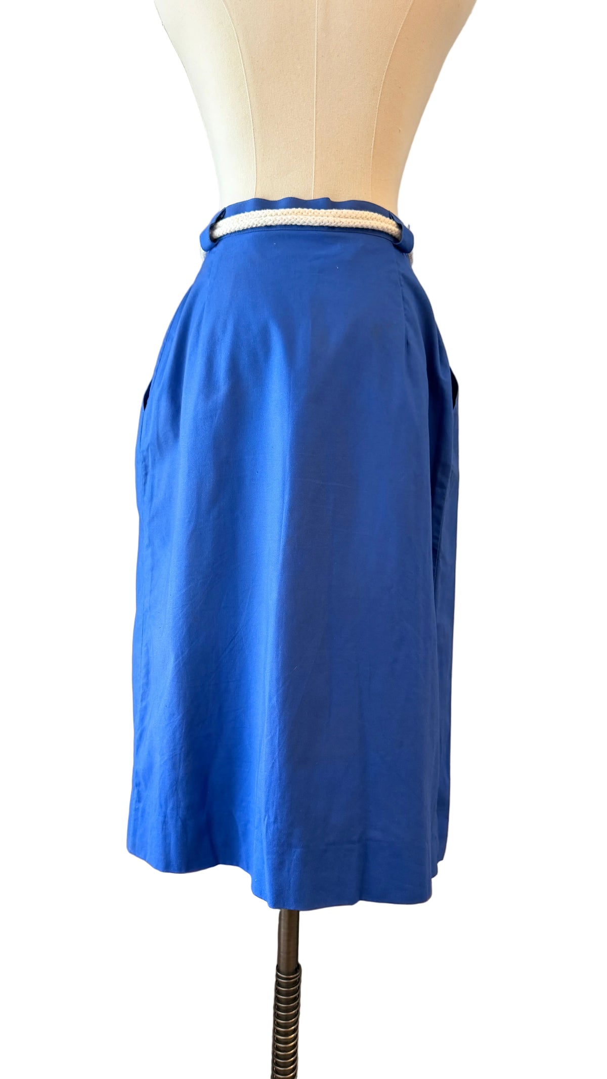 1980s Christian Dior Blue Button-Front Sheath Skirt with Rope Belt