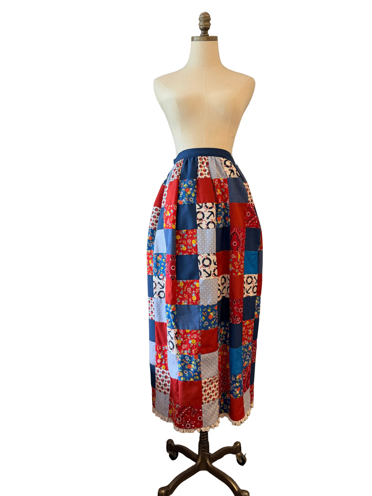 1970s Handmade Red, White & Blue Patchwork Maxi Skirt with Eyelet Lace Hem