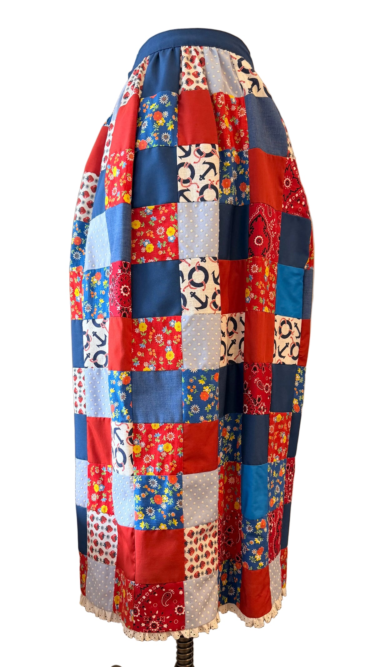 1970s Handmade Red, White & Blue Patchwork Maxi Skirt with Eyelet Lace Hem