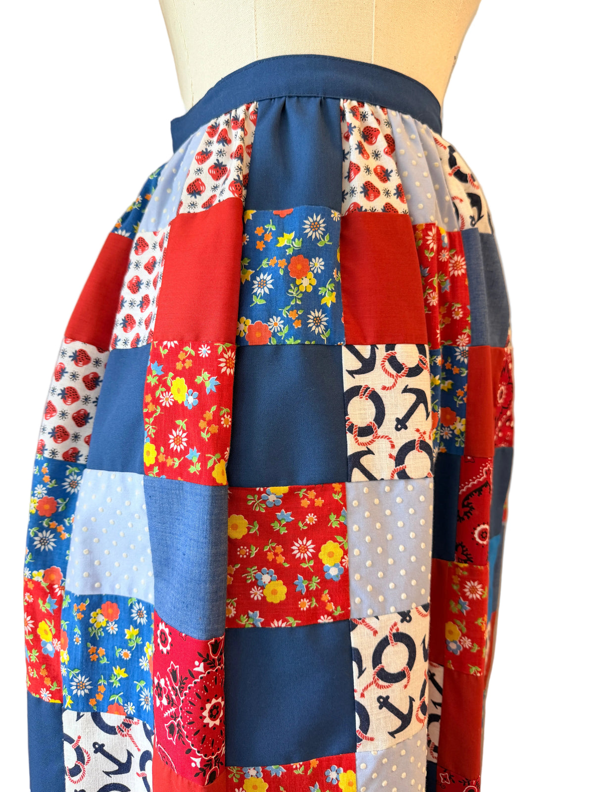 1970s Handmade Red, White & Blue Patchwork Maxi Skirt with Eyelet Lace Hem