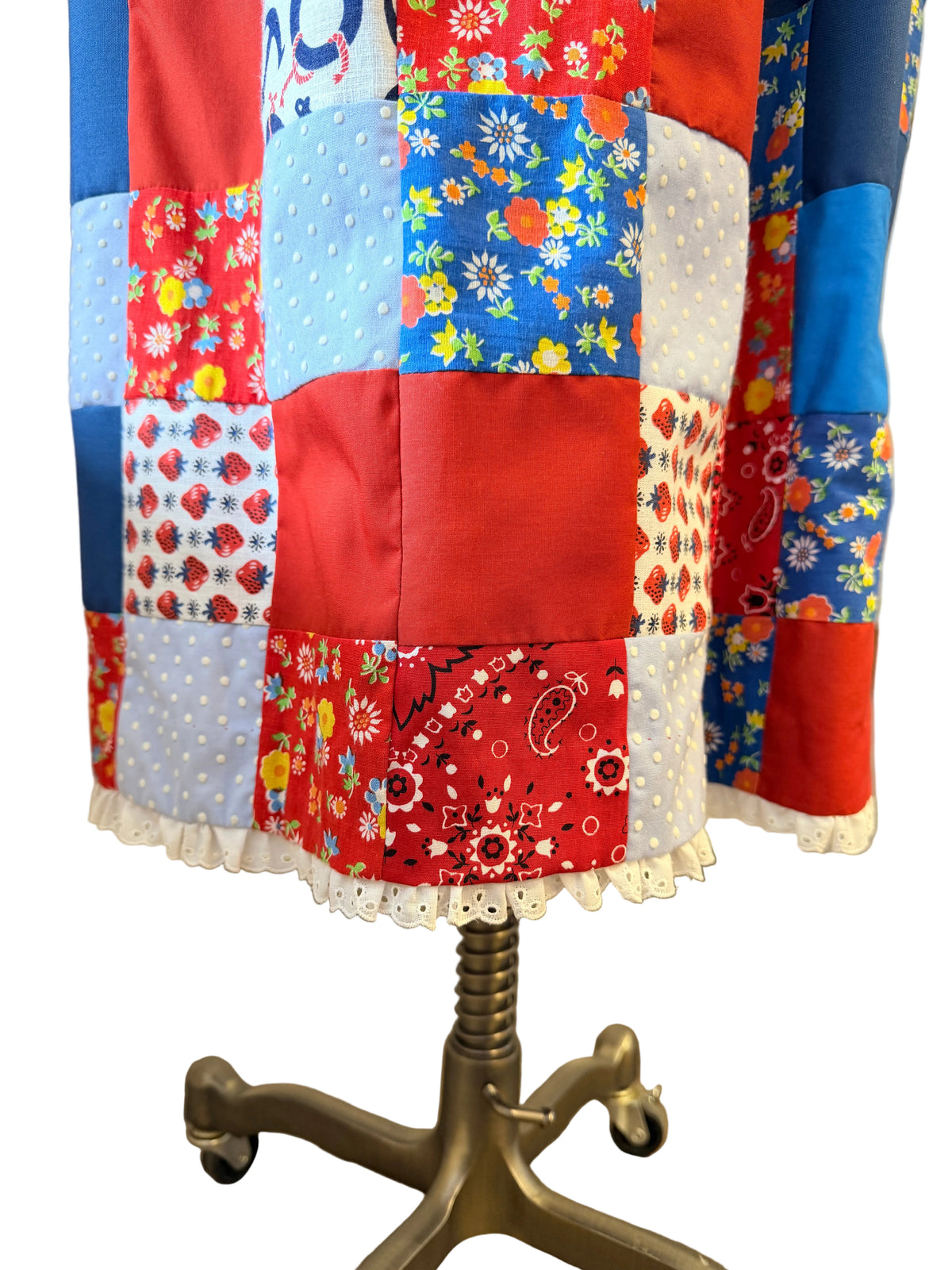1970s Handmade Red, White & Blue Patchwork Maxi Skirt with Eyelet Lace Hem