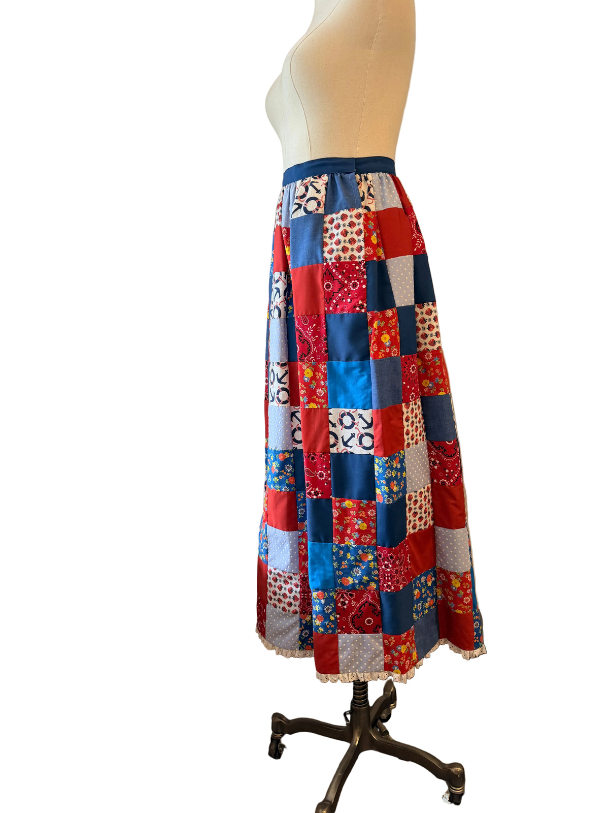 1970s Handmade Red, White & Blue Patchwork Maxi Skirt with Eyelet Lace Hem