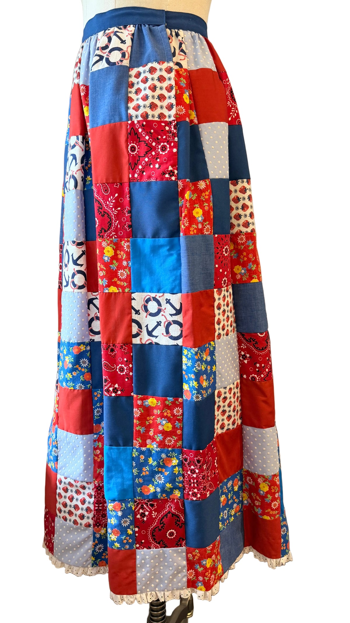 1970s Handmade Red, White & Blue Patchwork Maxi Skirt with Eyelet Lace Hem