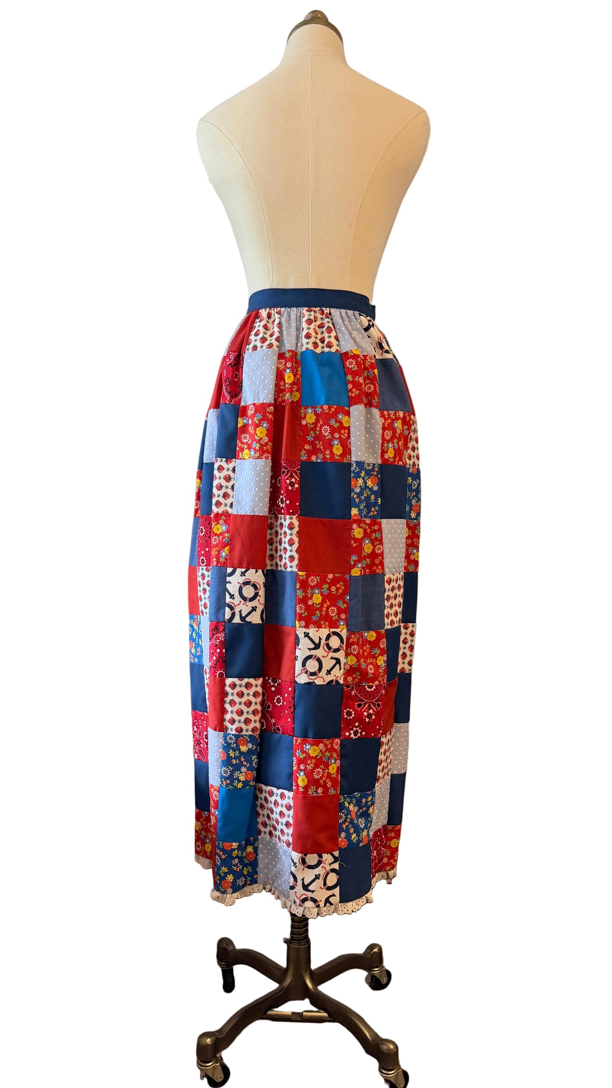 1970s Handmade Red, White & Blue Patchwork Maxi Skirt with Eyelet Lace Hem