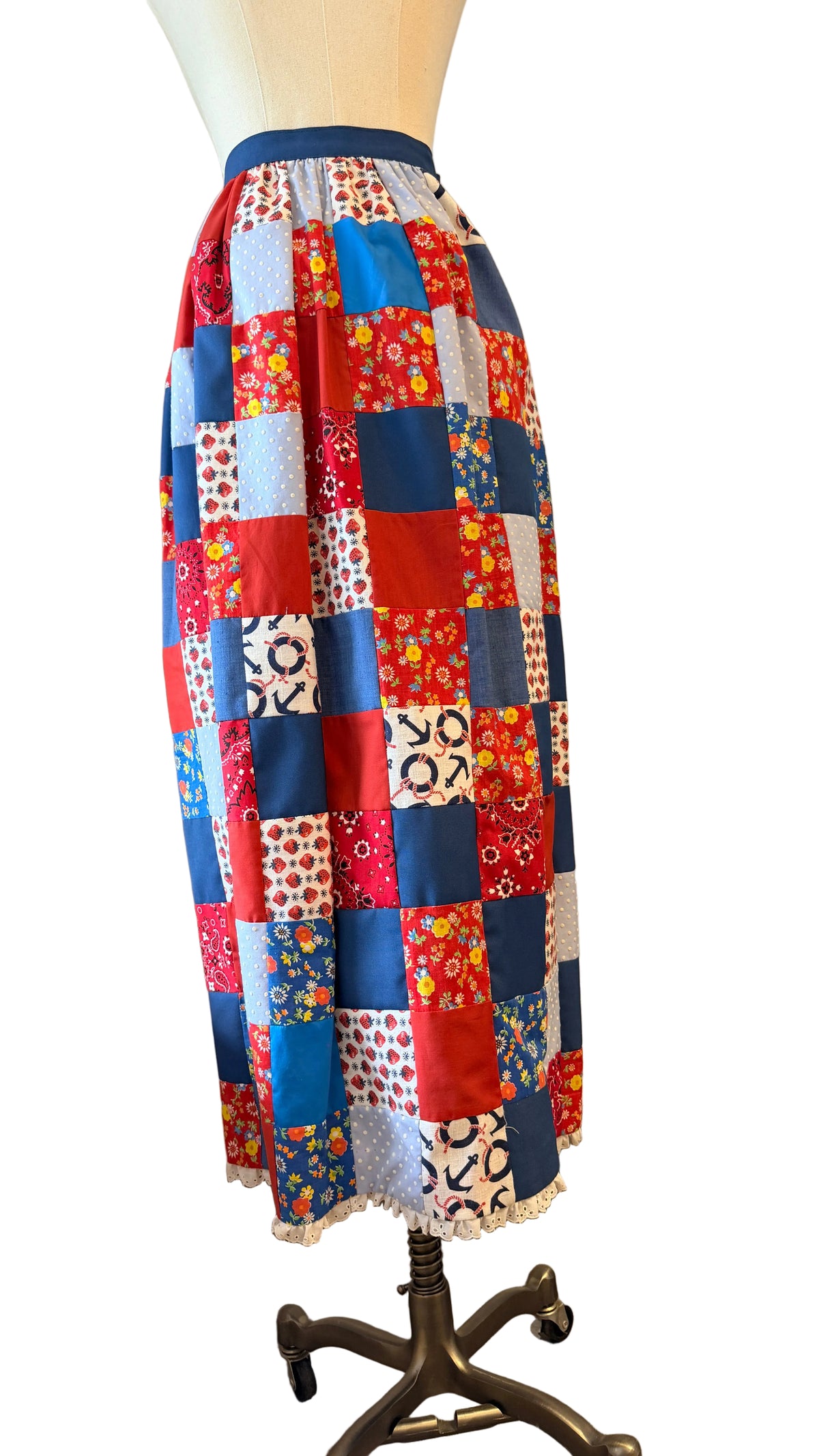 1970s Handmade Red, White & Blue Patchwork Maxi Skirt with Eyelet Lace Hem
