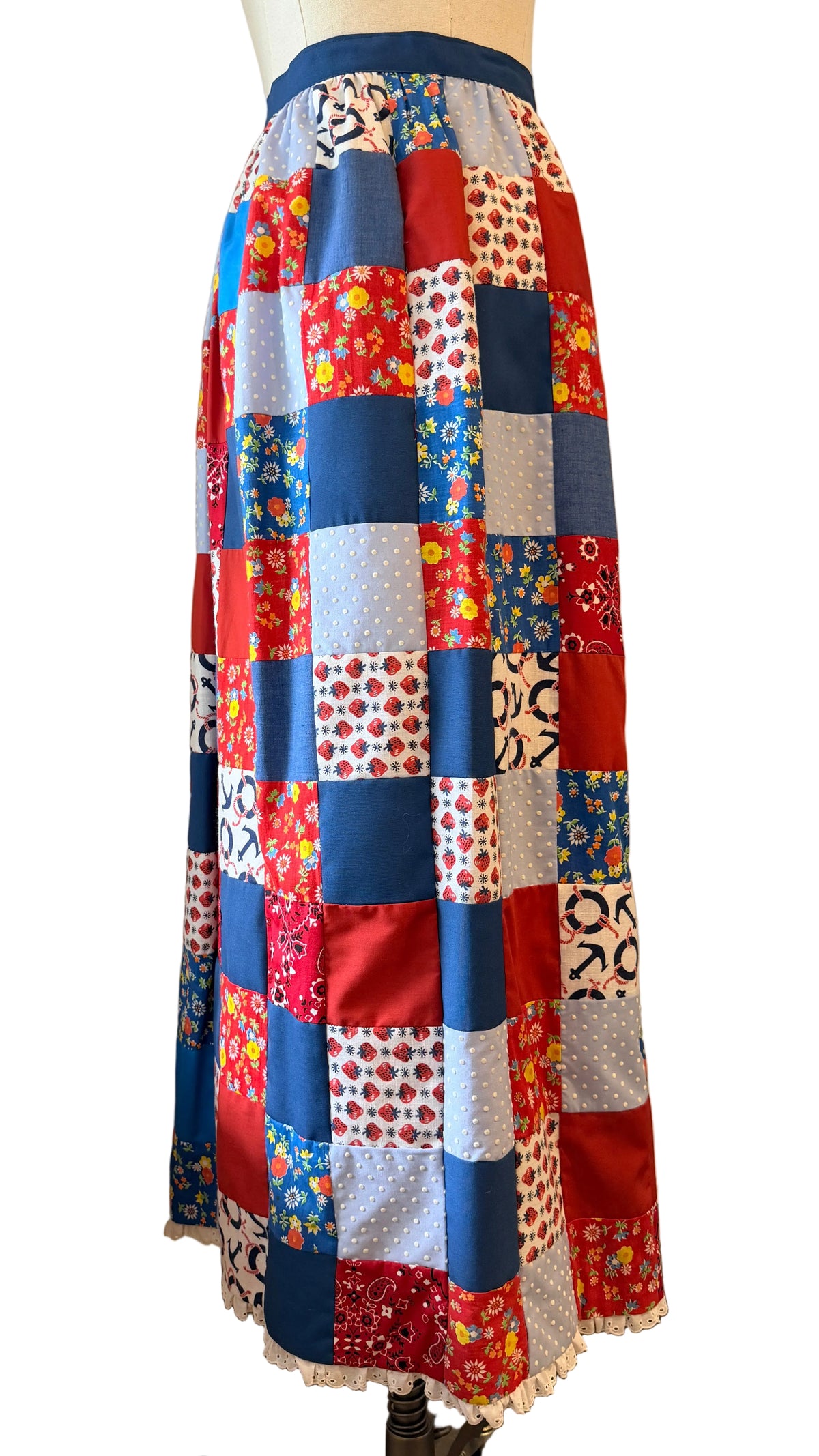 1970s Handmade Red, White & Blue Patchwork Maxi Skirt with Eyelet Lace Hem