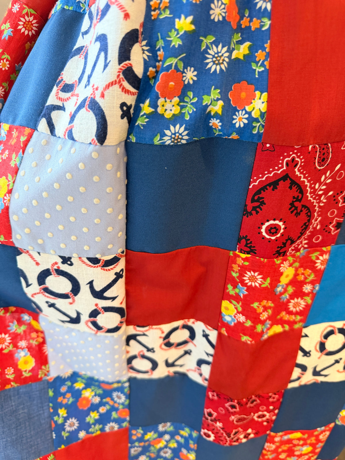 1970s Handmade Red, White & Blue Patchwork Maxi Skirt with Eyelet Lace Hem