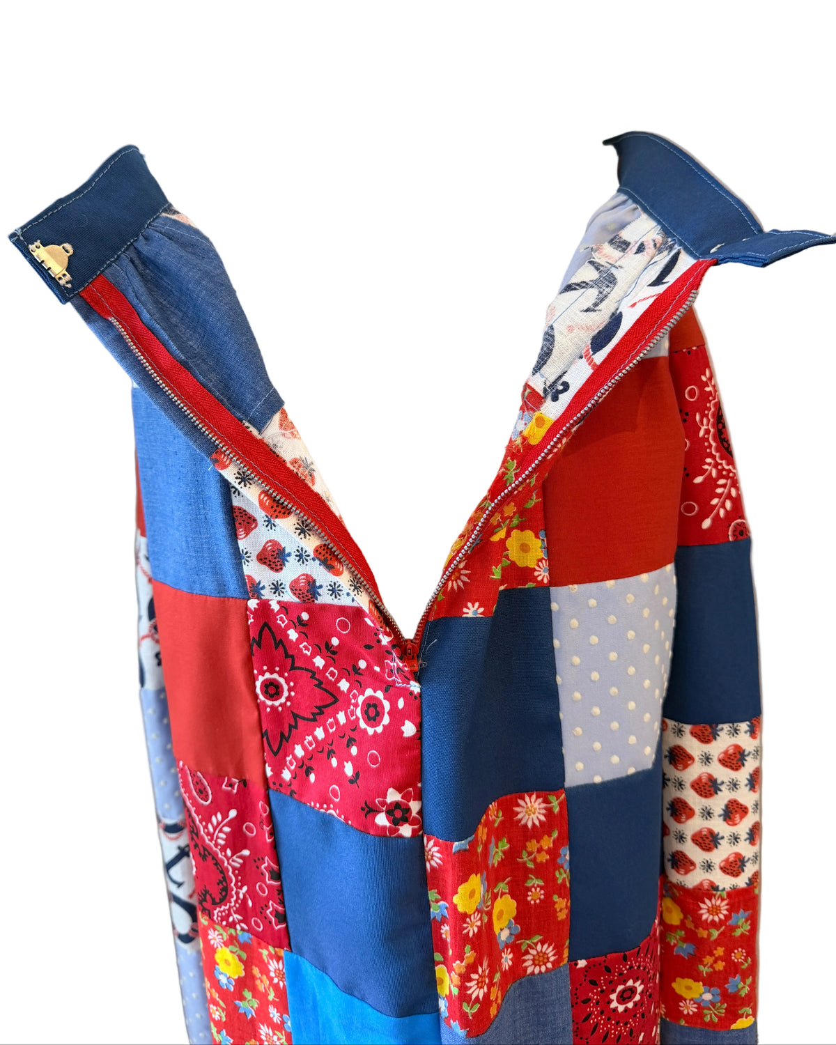 1970s Handmade Red, White & Blue Patchwork Maxi Skirt with Eyelet Lace Hem