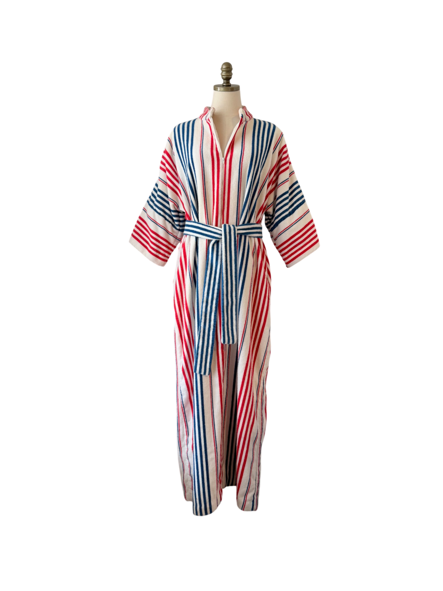 1960s Saks Fifth Avenue Red/White/Blue striped Terry cloth zip front robe with matching belt