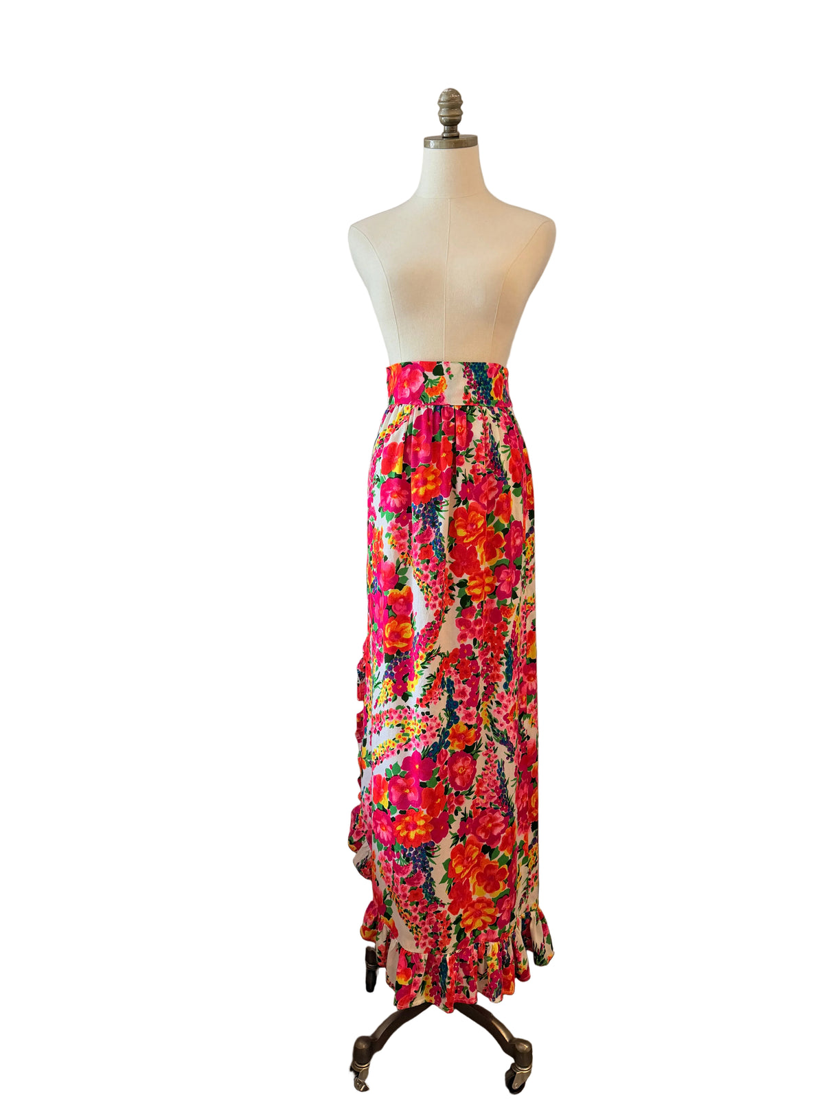 1960s Handmade Day-Glo Floral Maxi Skirt with Raised Side Hem & Ruffle