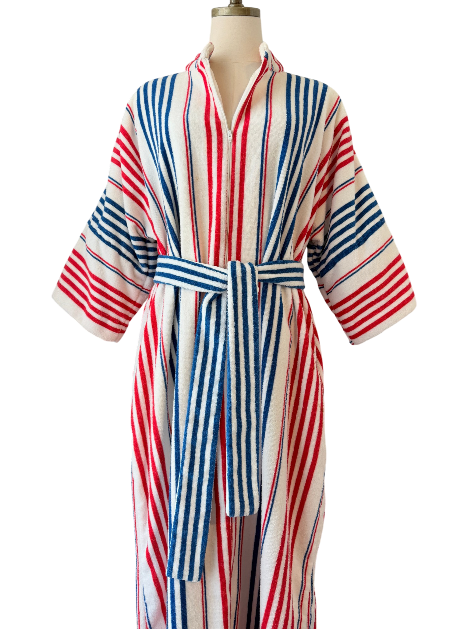 1960s Saks Fifth Avenue Red/White/Blue striped Terry cloth zip front robe with matching belt