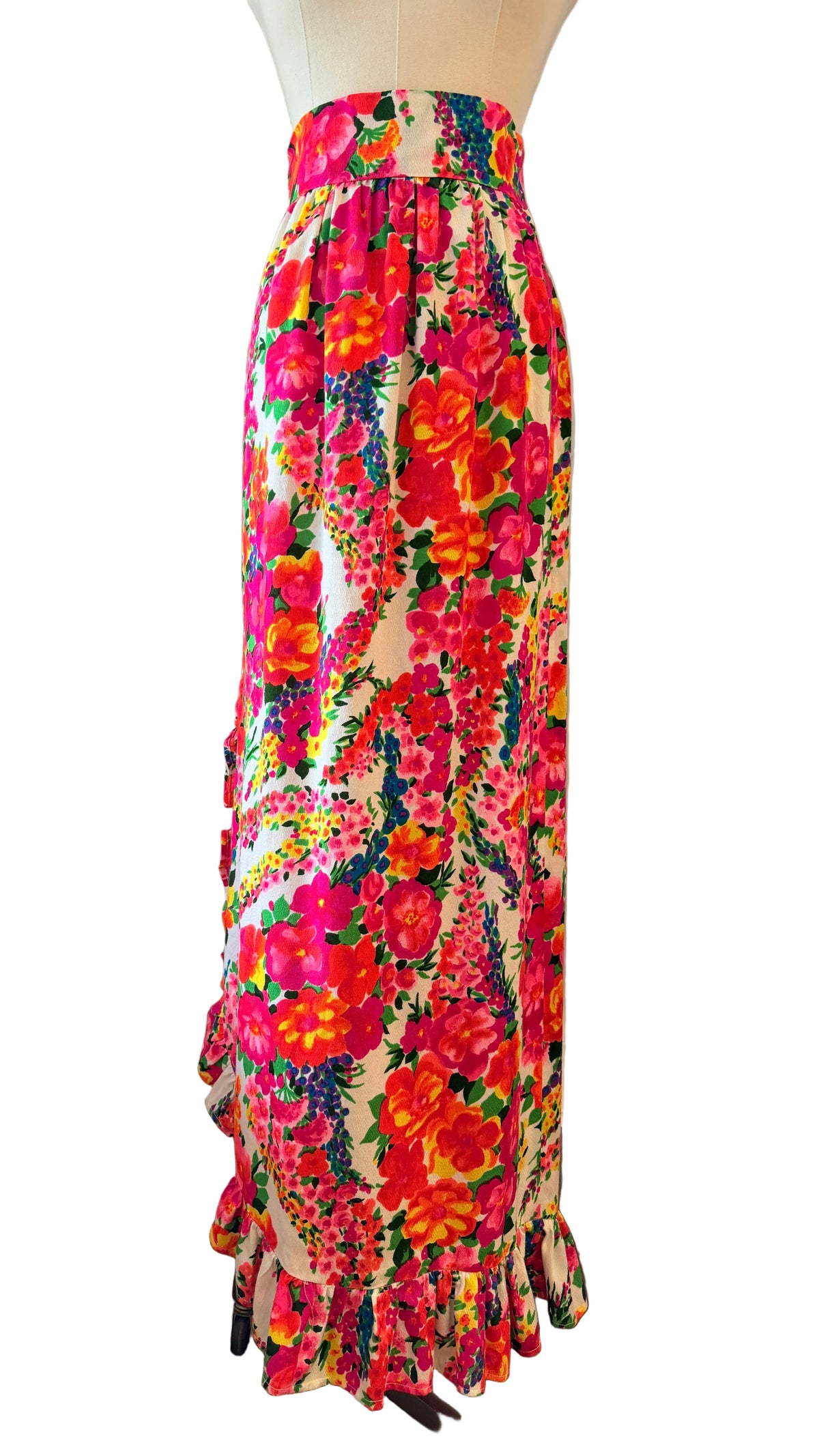 1960s Handmade Day-Glo Floral Maxi Skirt with Raised Side Hem & Ruffle