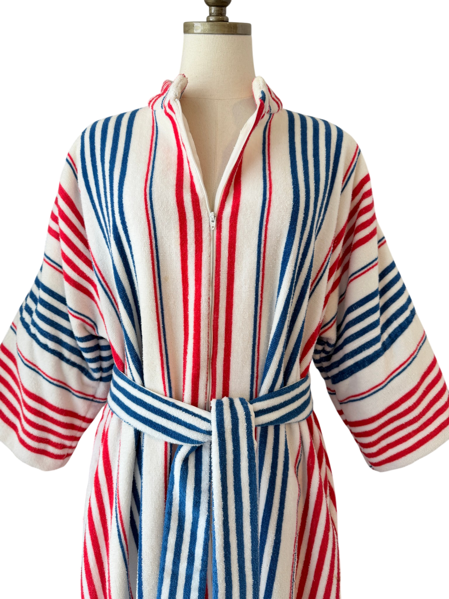 1960s Saks Fifth Avenue Red/White/Blue striped Terry cloth zip front robe with matching belt