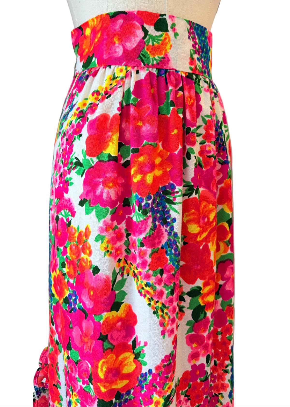 1960s Handmade Day-Glo Floral Maxi Skirt with Raised Side Hem & Ruffle