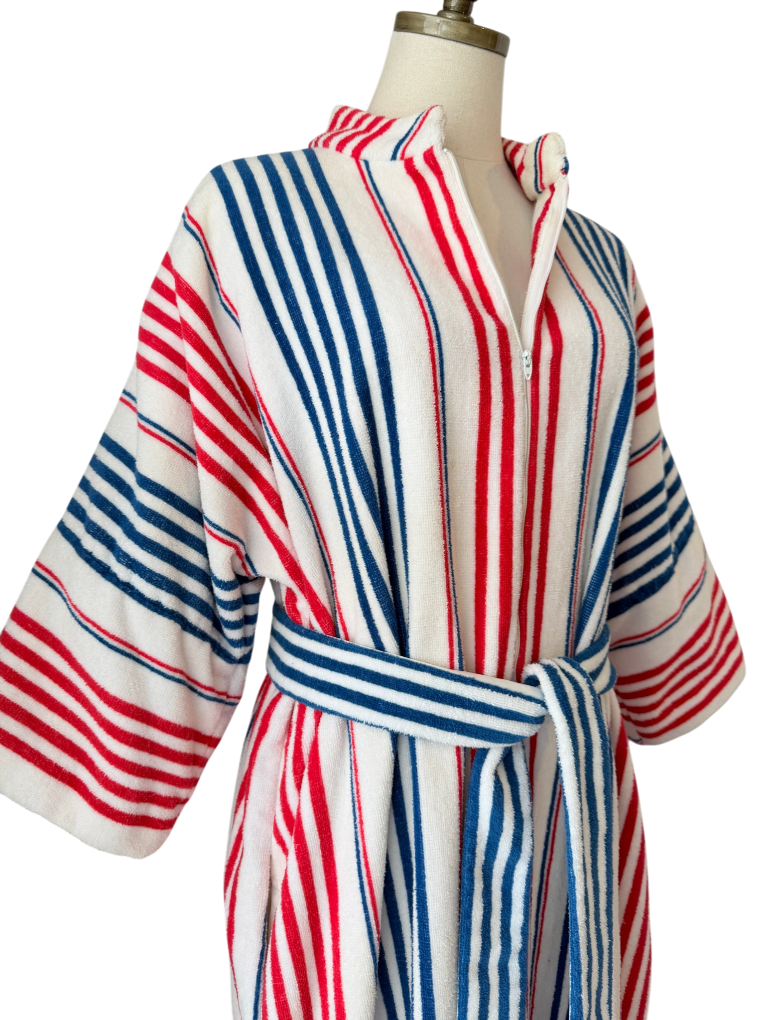 1960s Saks Fifth Avenue Red/White/Blue striped Terry cloth zip front robe with matching belt