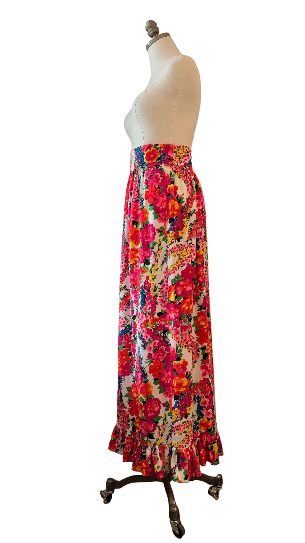 1960s Handmade Day-Glo Floral Maxi Skirt with Raised Side Hem & Ruffle