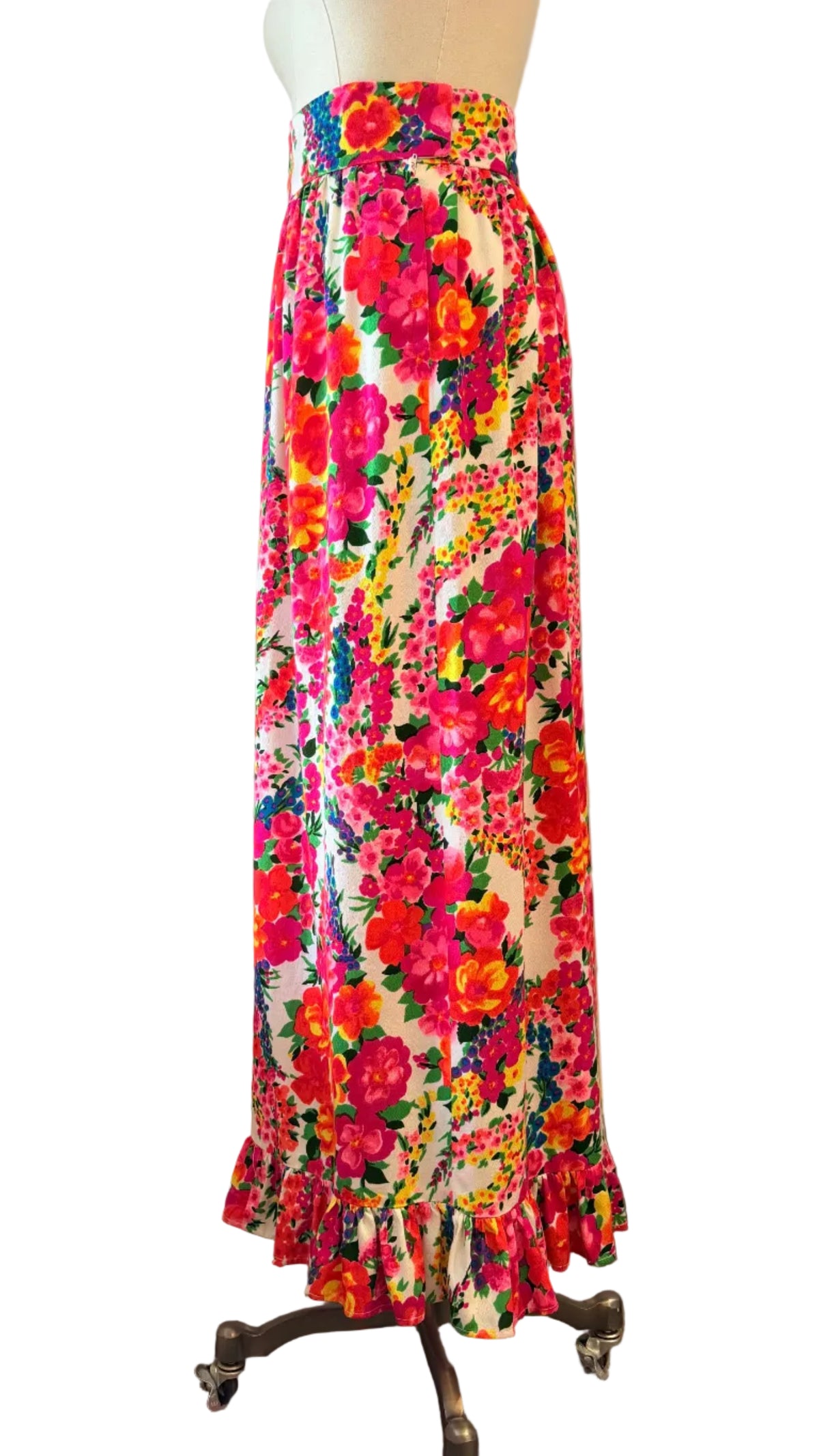 1960s Handmade Day-Glo Floral Maxi Skirt with Raised Side Hem & Ruffle