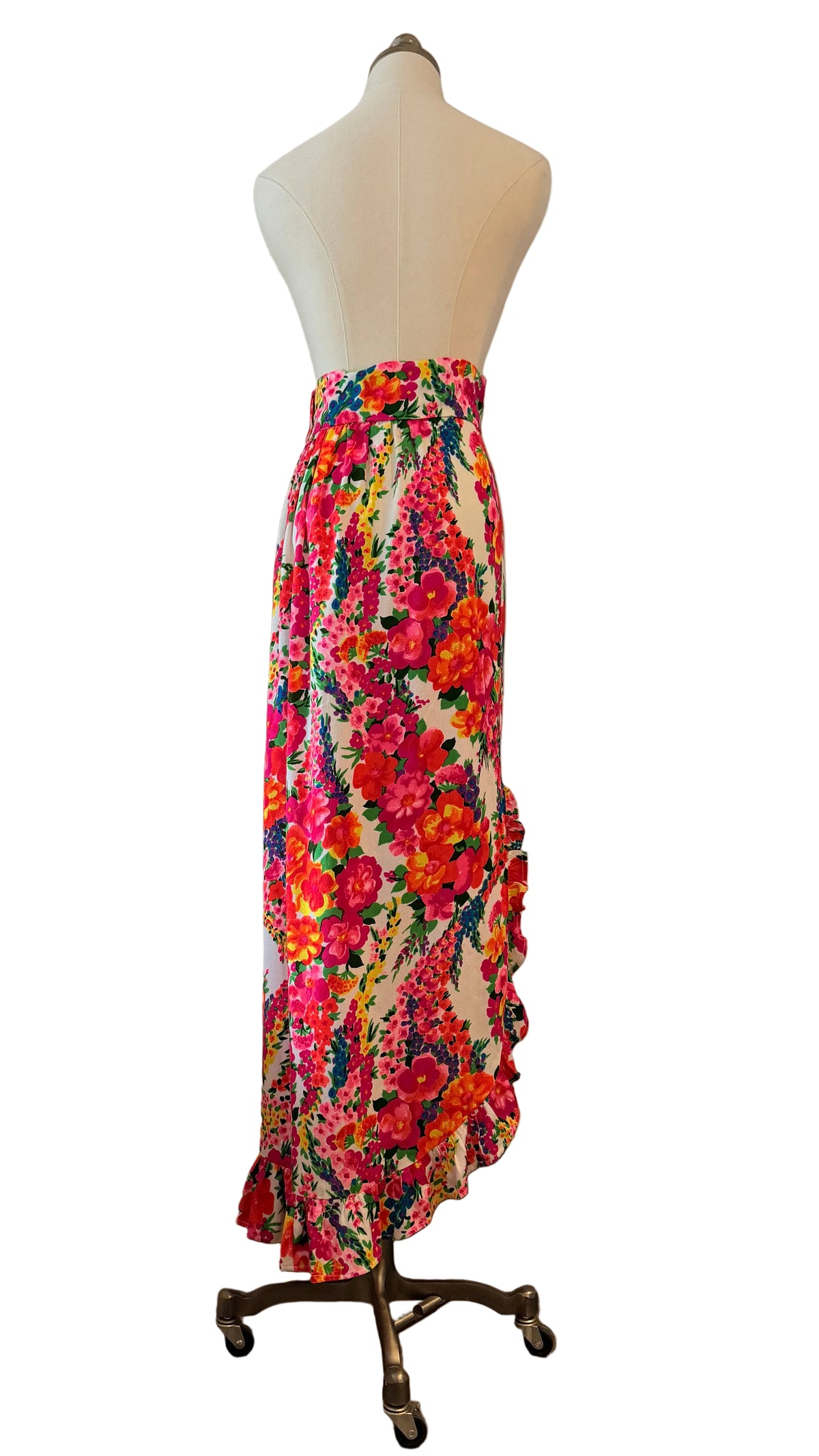 1960s Handmade Day-Glo Floral Maxi Skirt with Raised Side Hem & Ruffle