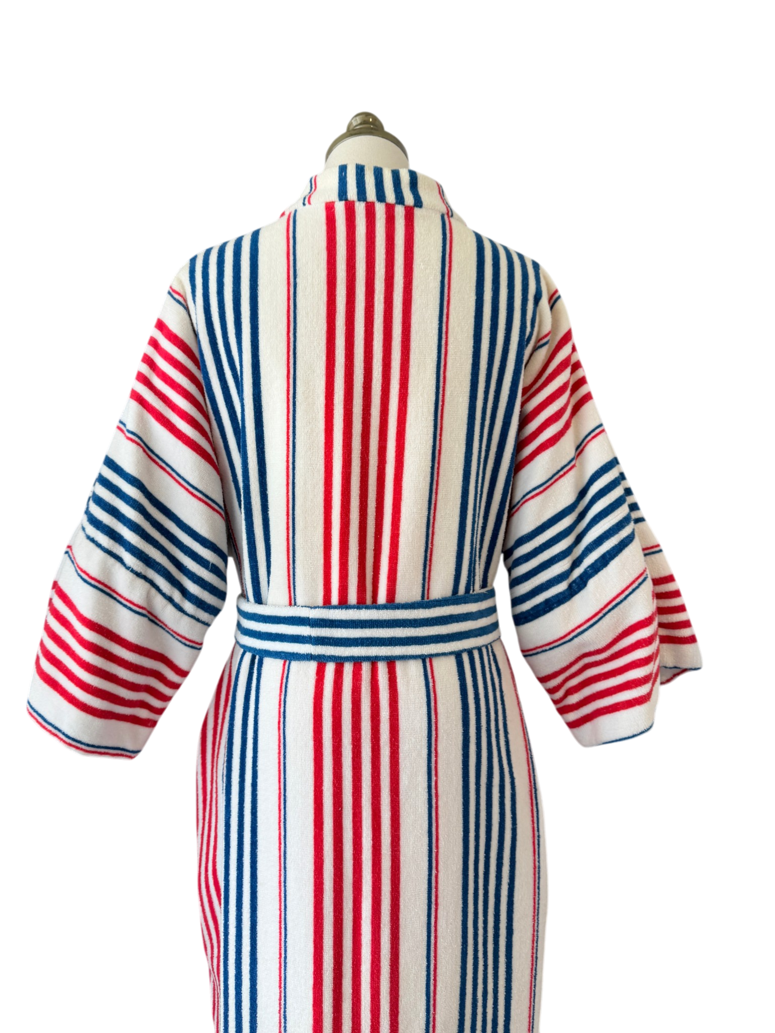 1960s Saks Fifth Avenue Red/White/Blue striped Terry cloth zip front robe with matching belt