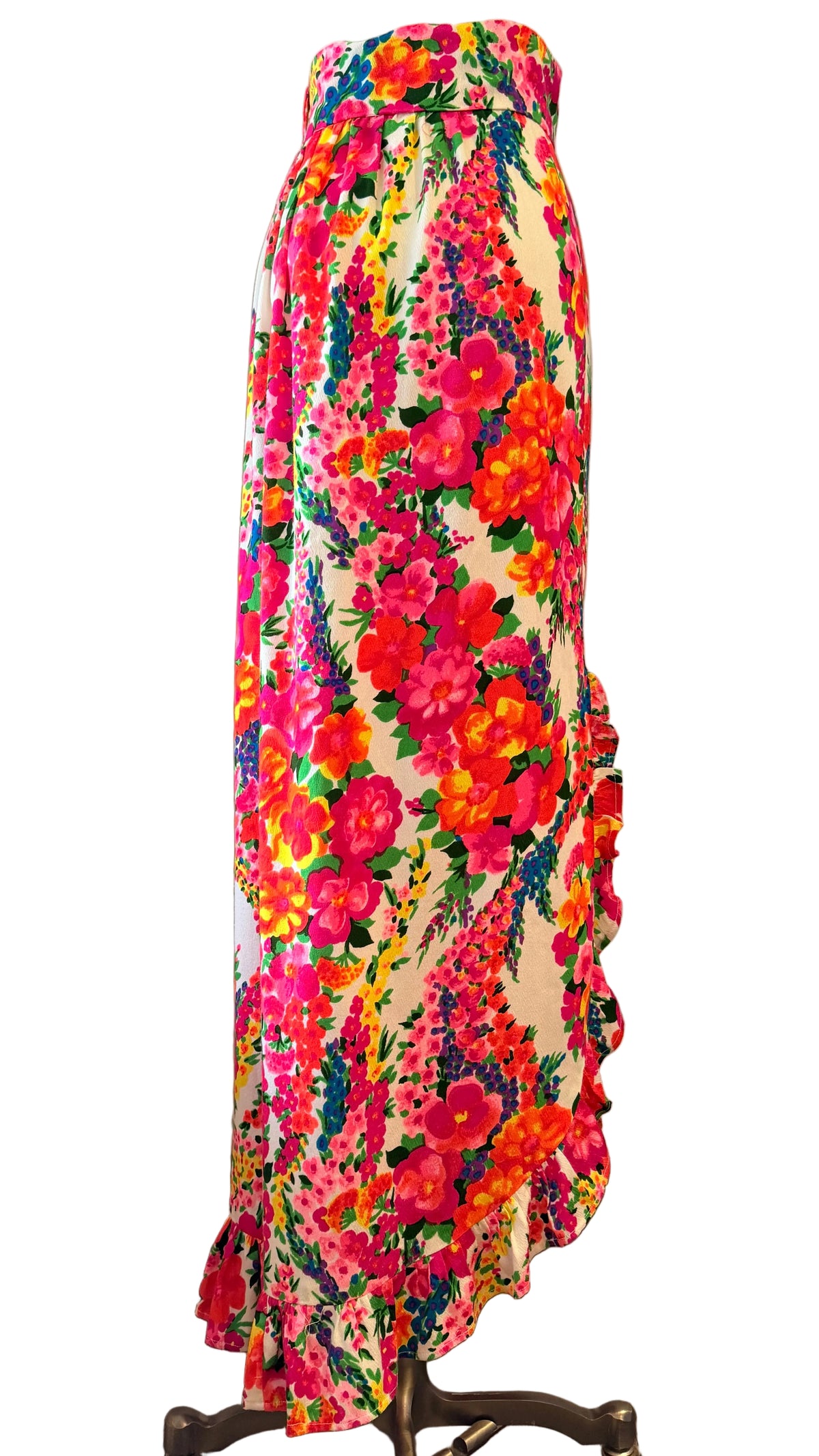 1960s Handmade Day-Glo Floral Maxi Skirt with Raised Side Hem & Ruffle