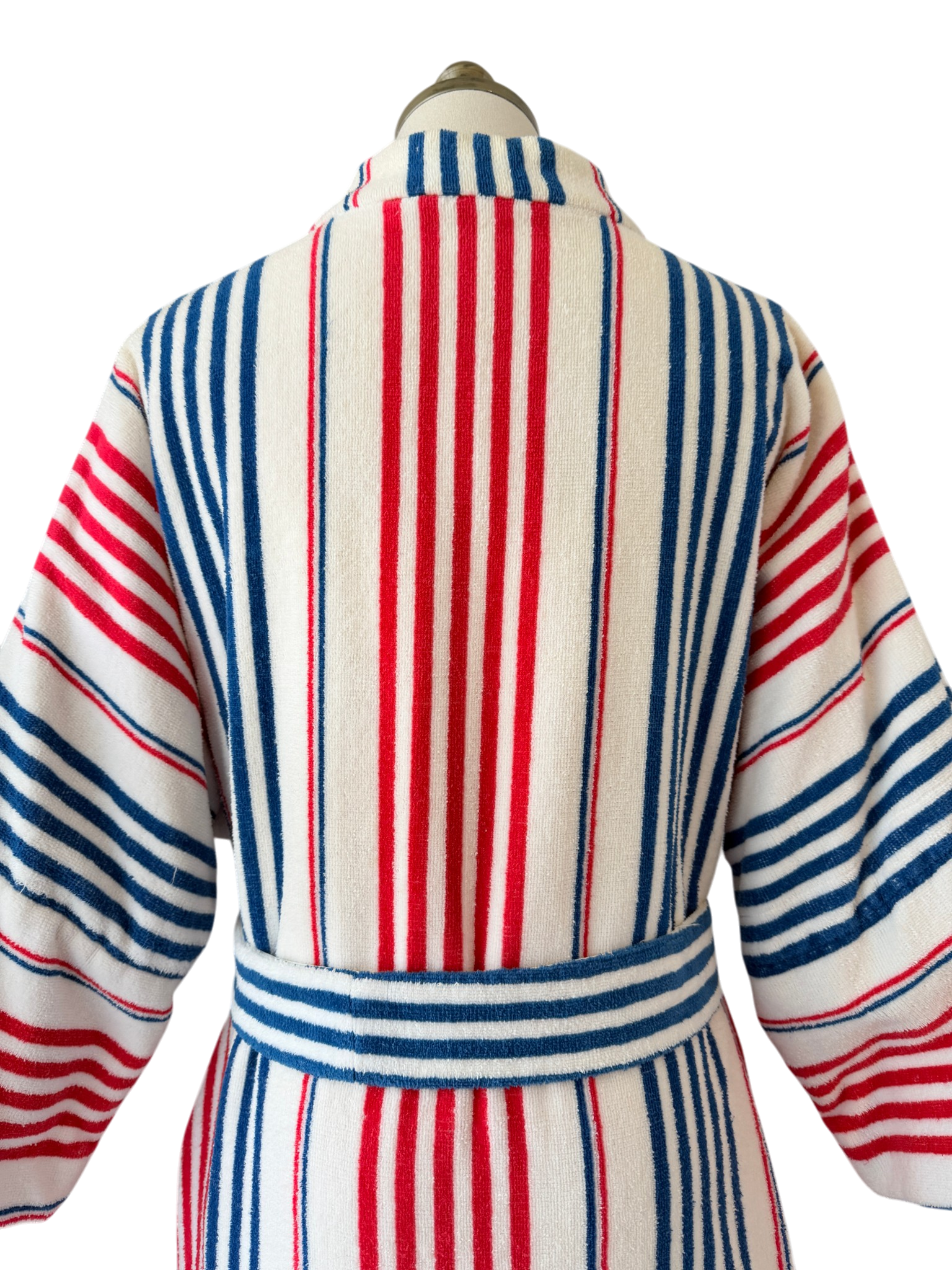 1960s Saks Fifth Avenue Red/White/Blue striped Terry cloth zip front robe with matching belt