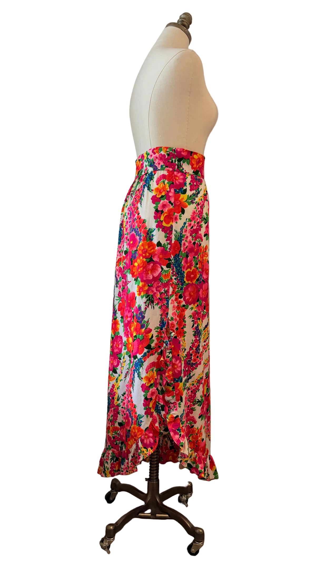 1960s Handmade Day-Glo Floral Maxi Skirt with Raised Side Hem & Ruffle