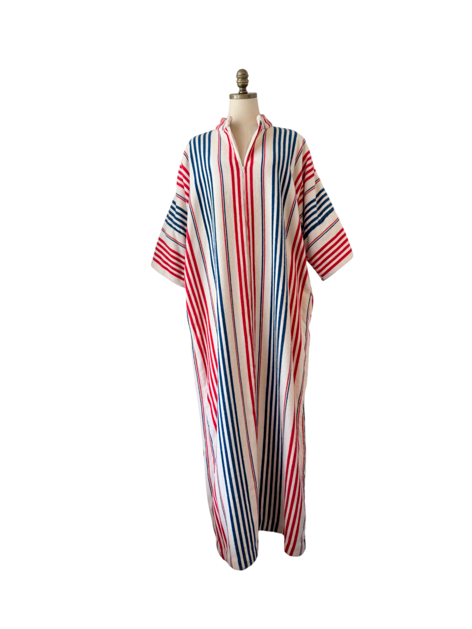 1960s Saks Fifth Avenue Red/White/Blue striped Terry cloth zip front robe with matching belt