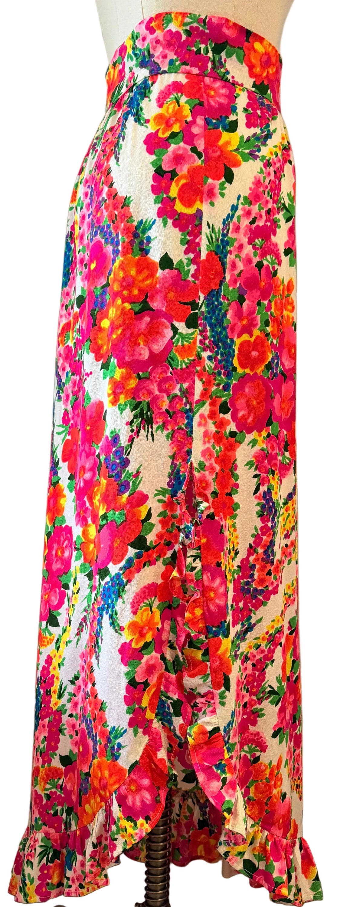 1960s Handmade Day-Glo Floral Maxi Skirt with Raised Side Hem & Ruffle
