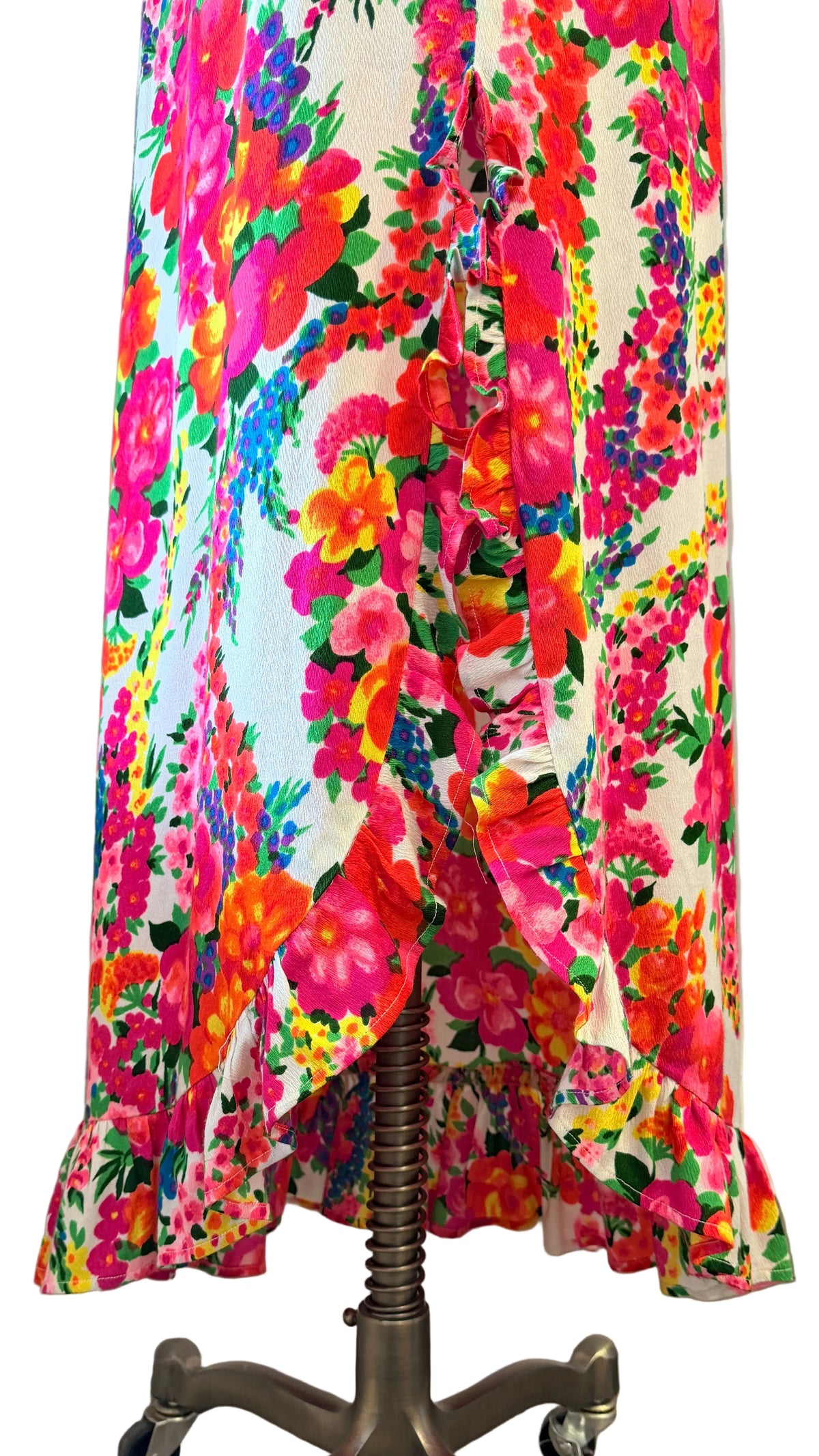 1960s Handmade Day-Glo Floral Maxi Skirt with Raised Side Hem & Ruffle