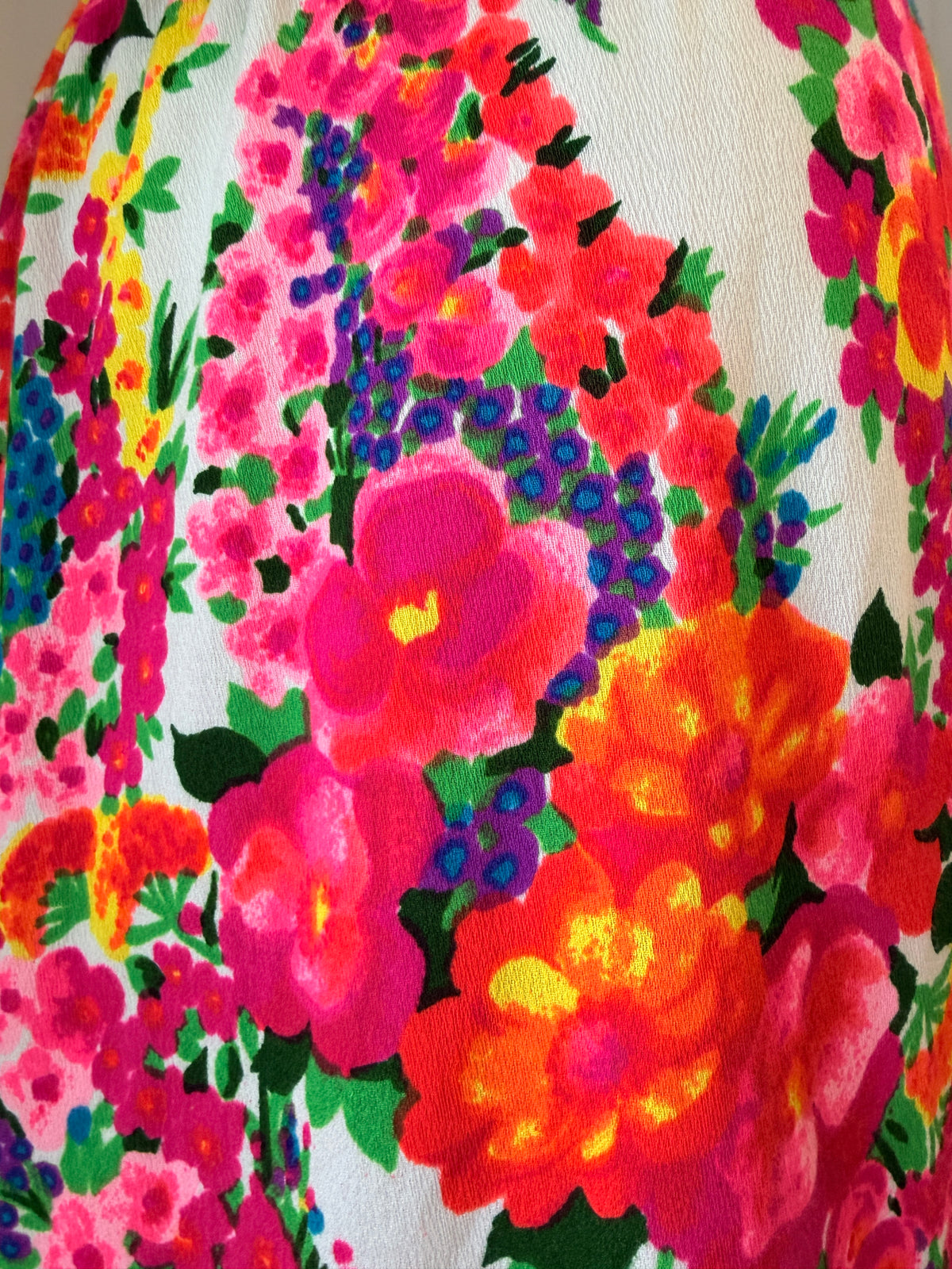 1960s Handmade Day-Glo Floral Maxi Skirt with Raised Side Hem & Ruffle