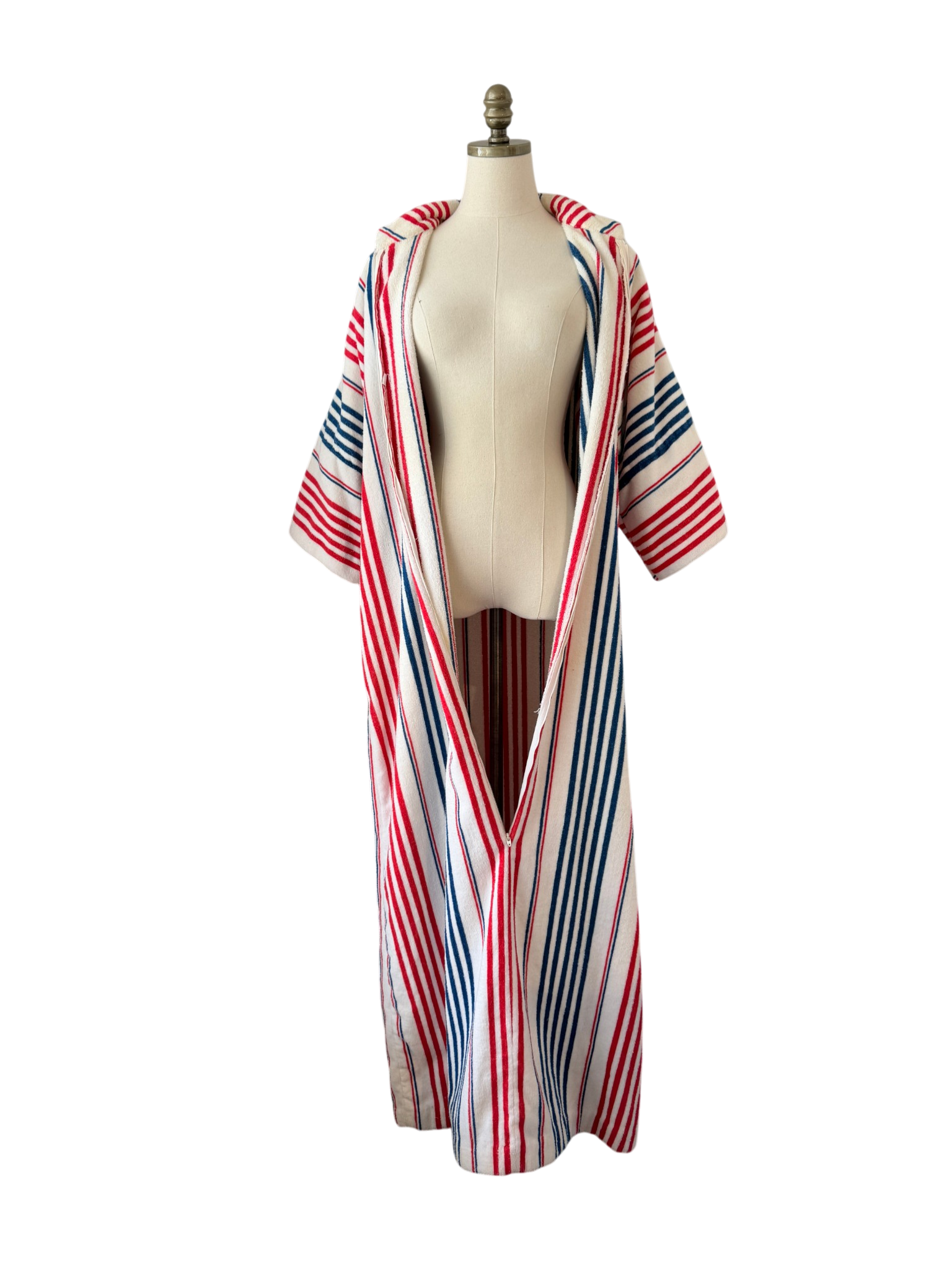 1960s Saks Fifth Avenue Red/White/Blue striped Terry cloth zip front robe with matching belt