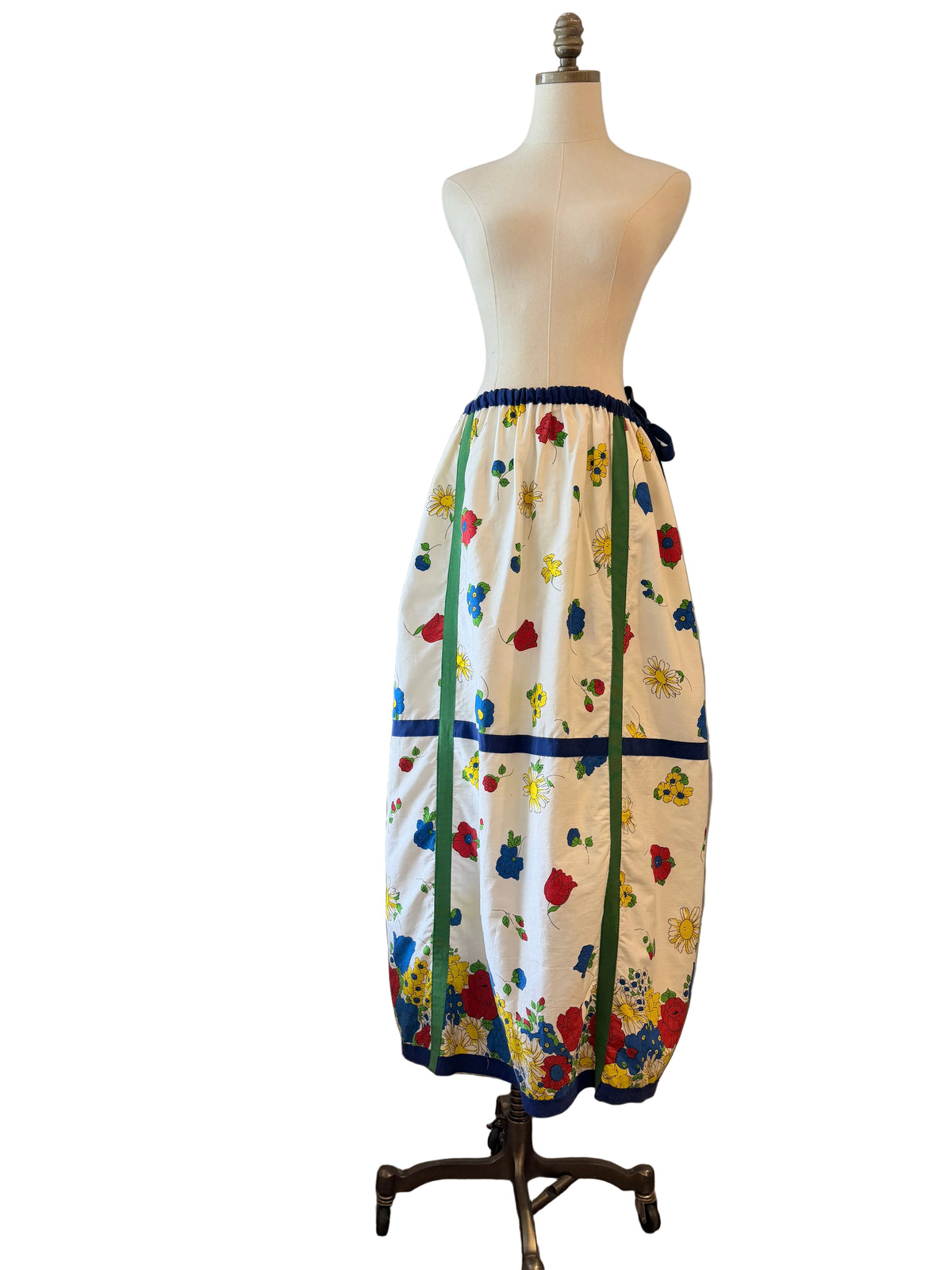 1970s Cotton Floral Print Maxi Skirt/Dress with Grosgrain Ribbon Trim