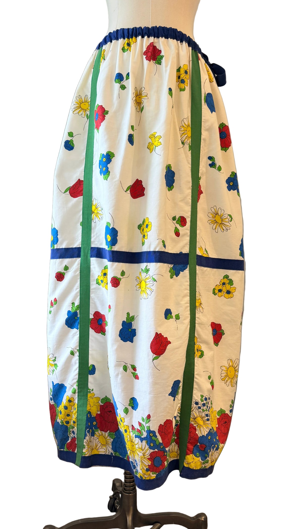 1970s Cotton Floral Print Maxi Skirt/Dress with Grosgrain Ribbon Trim