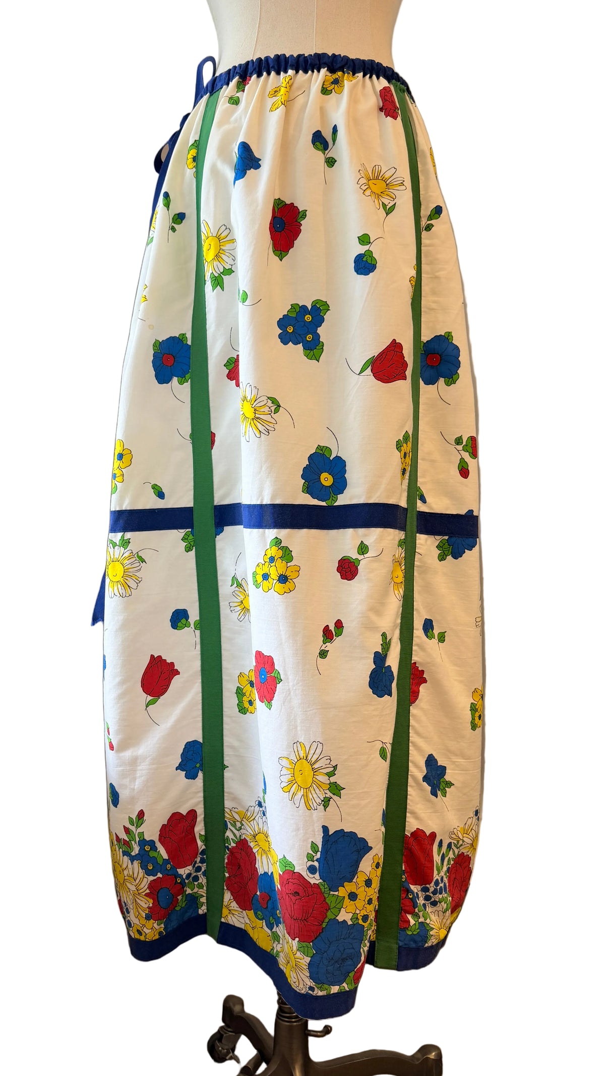 1970s Cotton Floral Print Maxi Skirt/Dress with Grosgrain Ribbon Trim